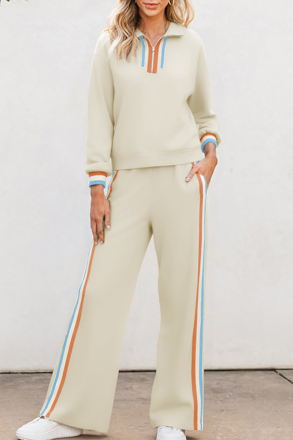 Striped Patchwork Quarter Zip Pullover Loose Pants Set