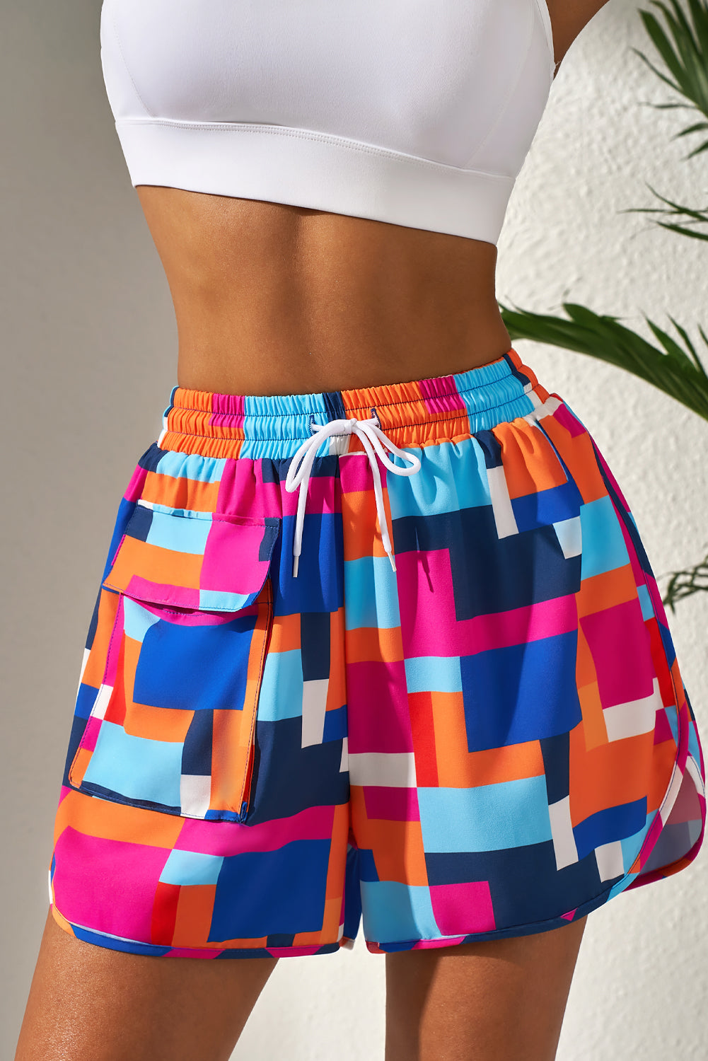 Geometric Printed Drawstring Beach Shorts with Pockets - Rose