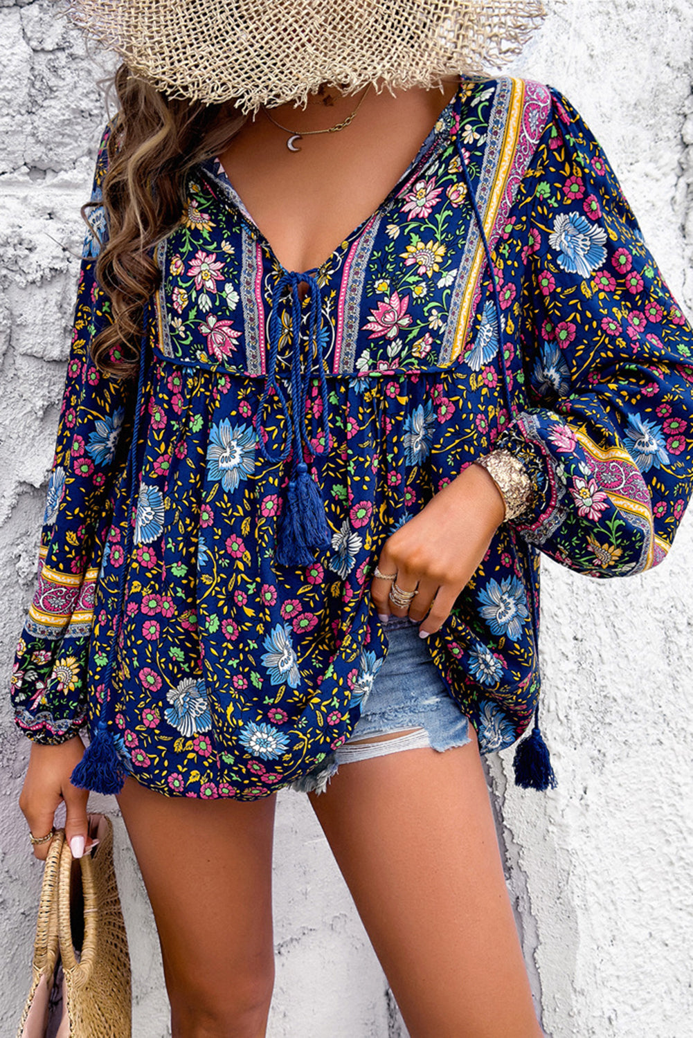 Floral Print Tassel Tie Front Long Sleeve Blouse