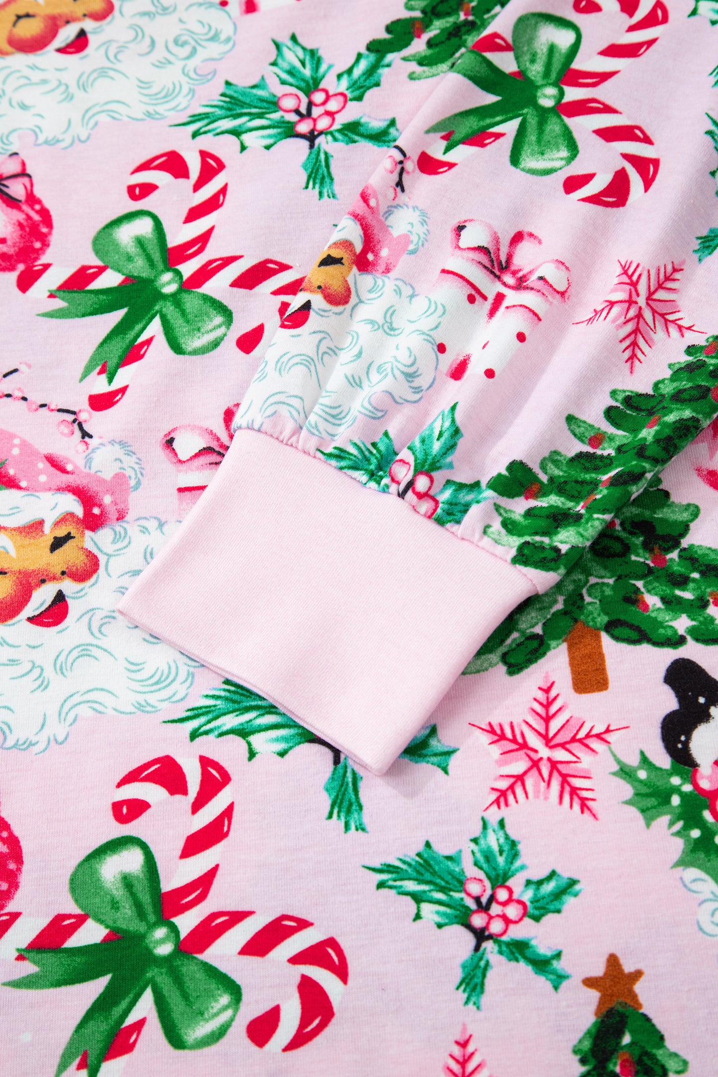 Pink Christmas Pattern Button V Neck Pullover and Drawstring Pants Lounge Set