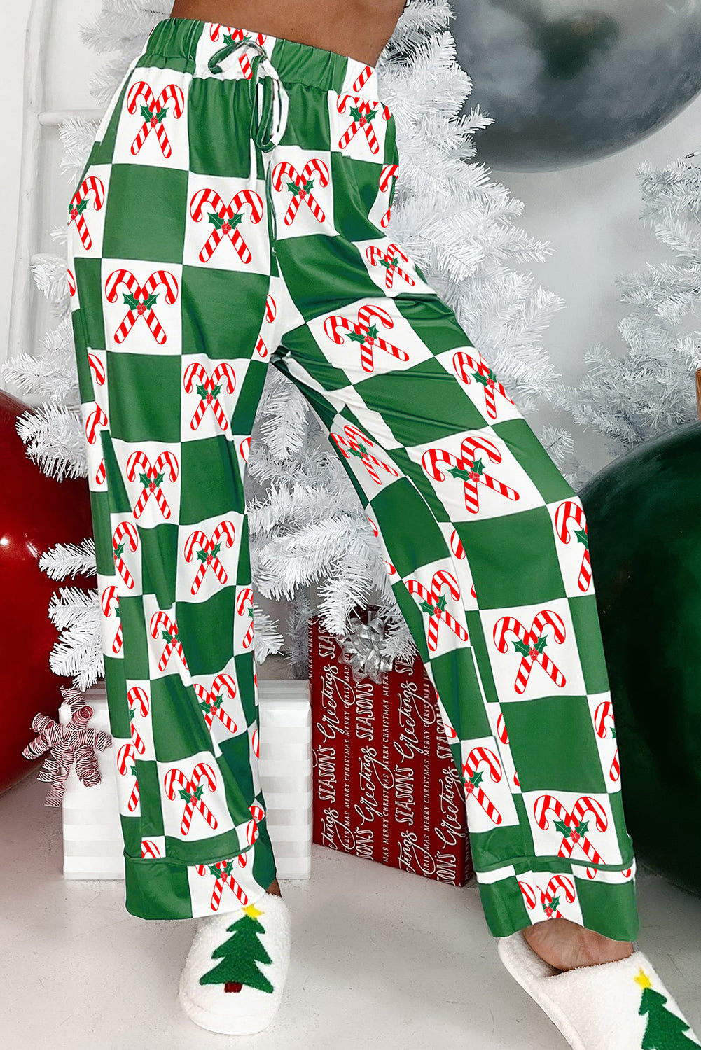 Holly Jolly Checkered Pattern 2pcs Long Pajama Set - Green