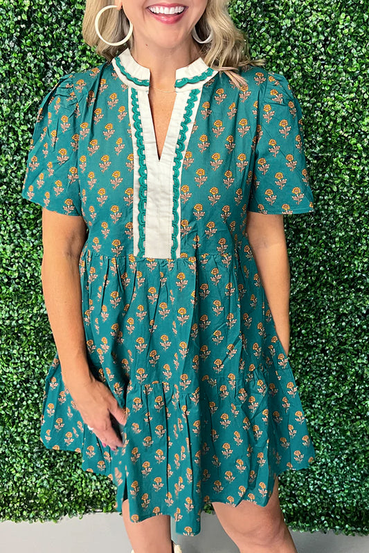 Contrast Trim V Neck Short Sleeve Floral Dress