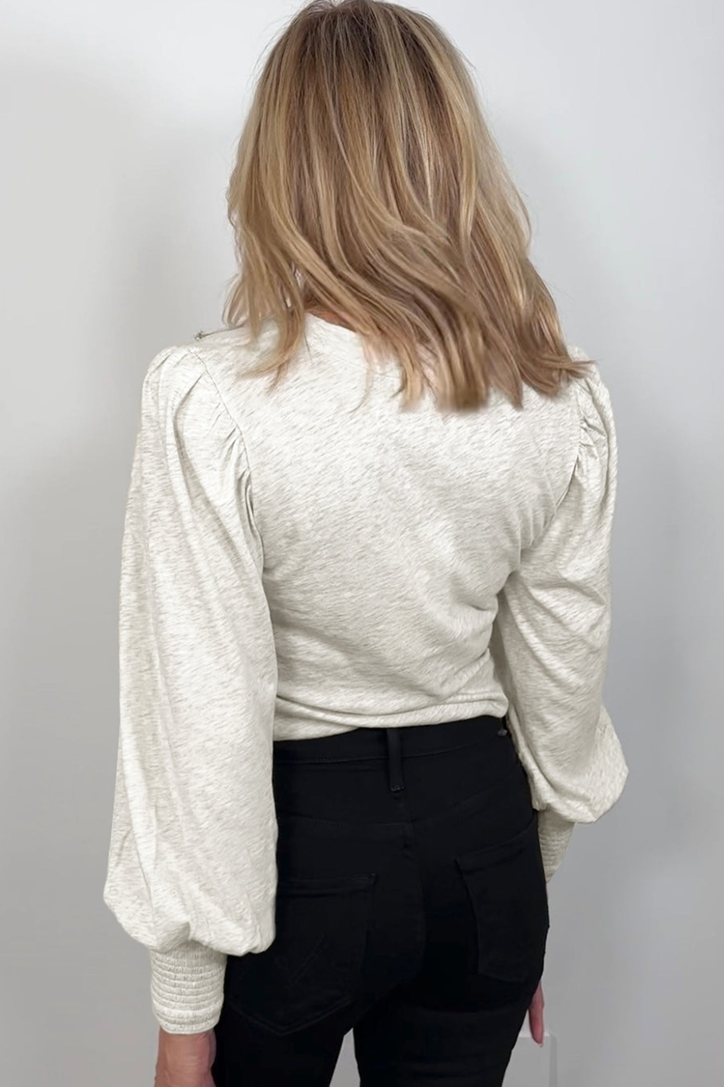 Shirred Cuffs Puff Sleeve Peasant Top - Oatmeal