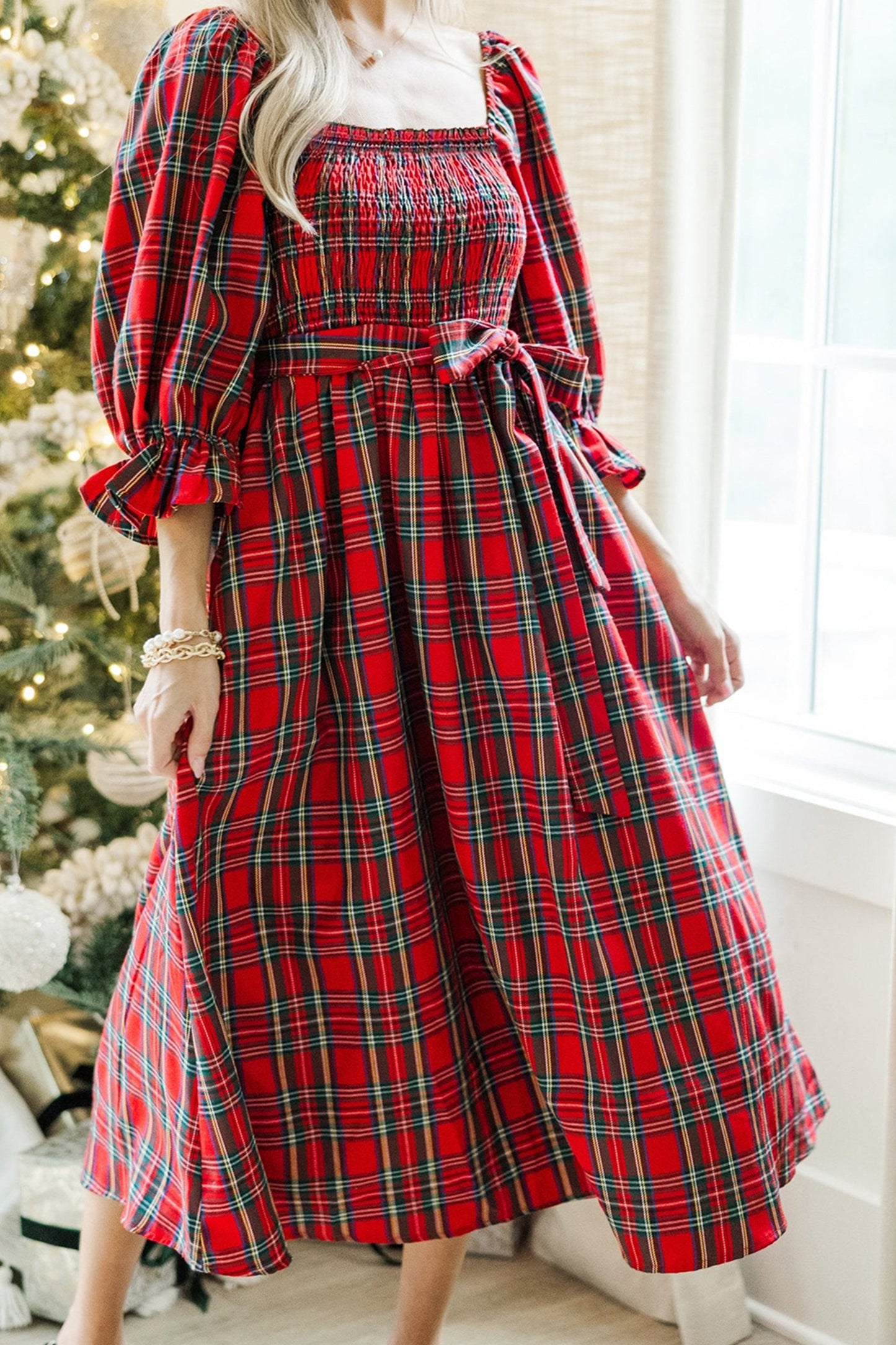 Tartan Plaid Square Neck Puff Sleeve Knot Waist Flared Midi Dress