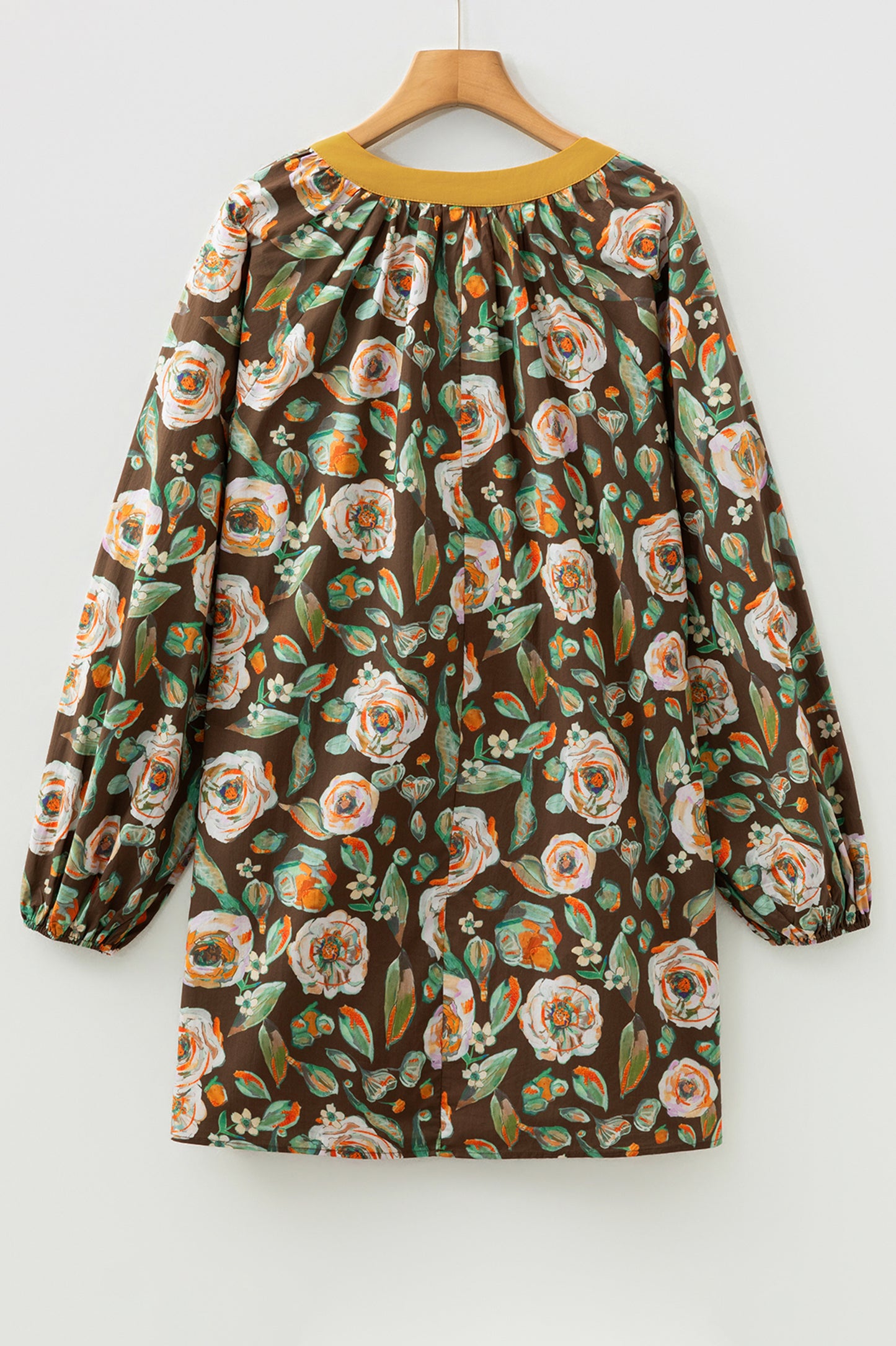 Floral Print Contrast Trim V Neck Pocketed Long Sleeve Mini Dress