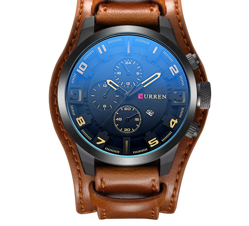 Men's Leather Strap Quartz Watch - Casual Sports Wristwatch with Date Display