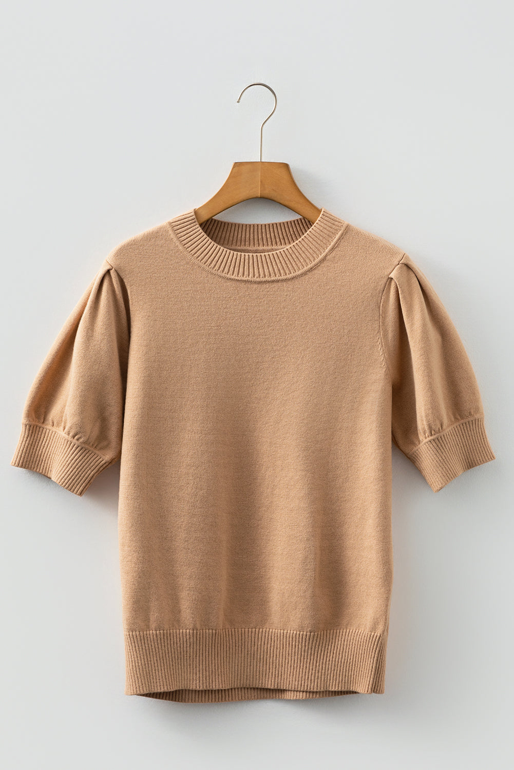 Light French Beige Knit Short Puff Sleeve Sweater