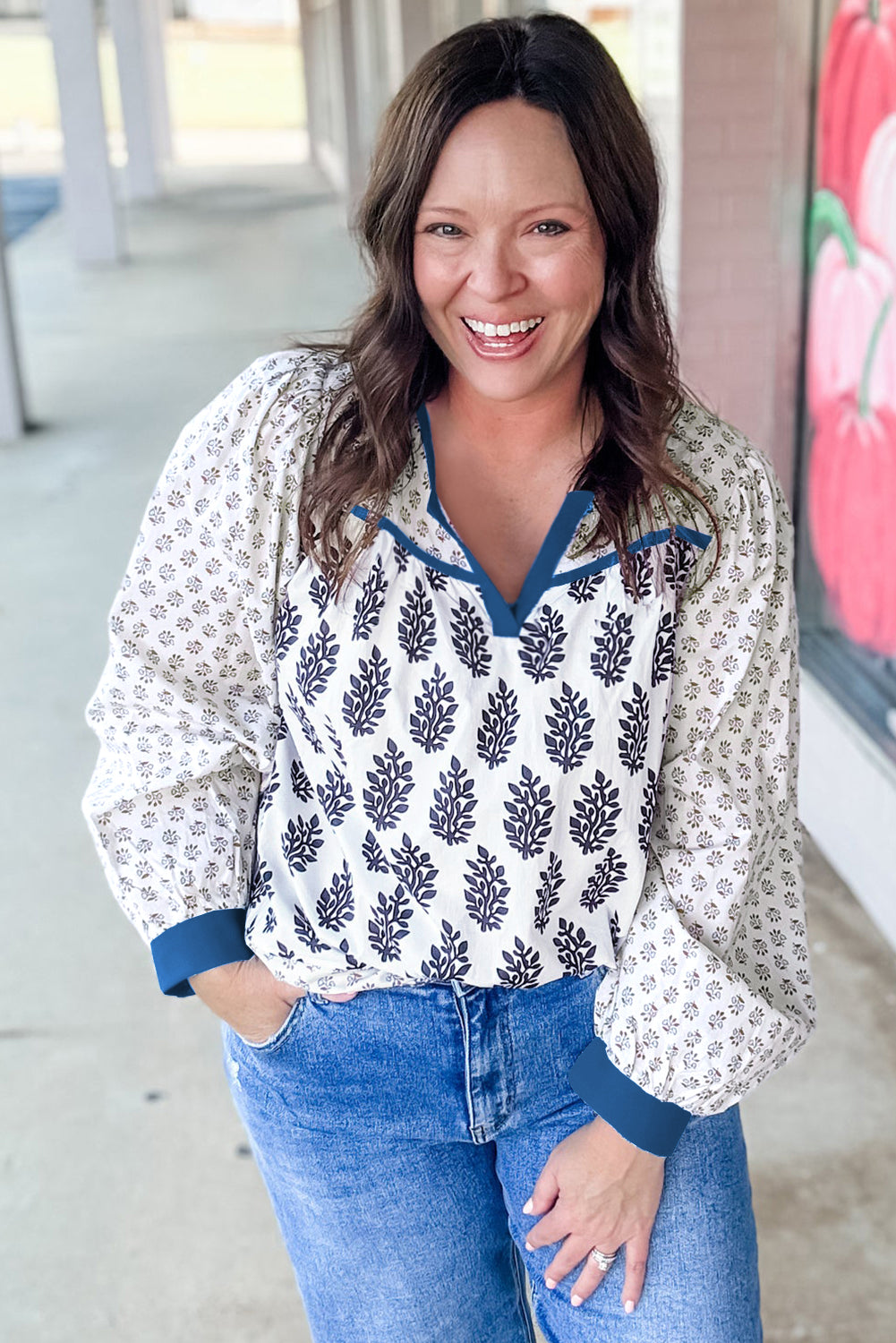 Boho Floral Print Contrast Trim Split Neck Puff Sleeve Patchwork Blouse