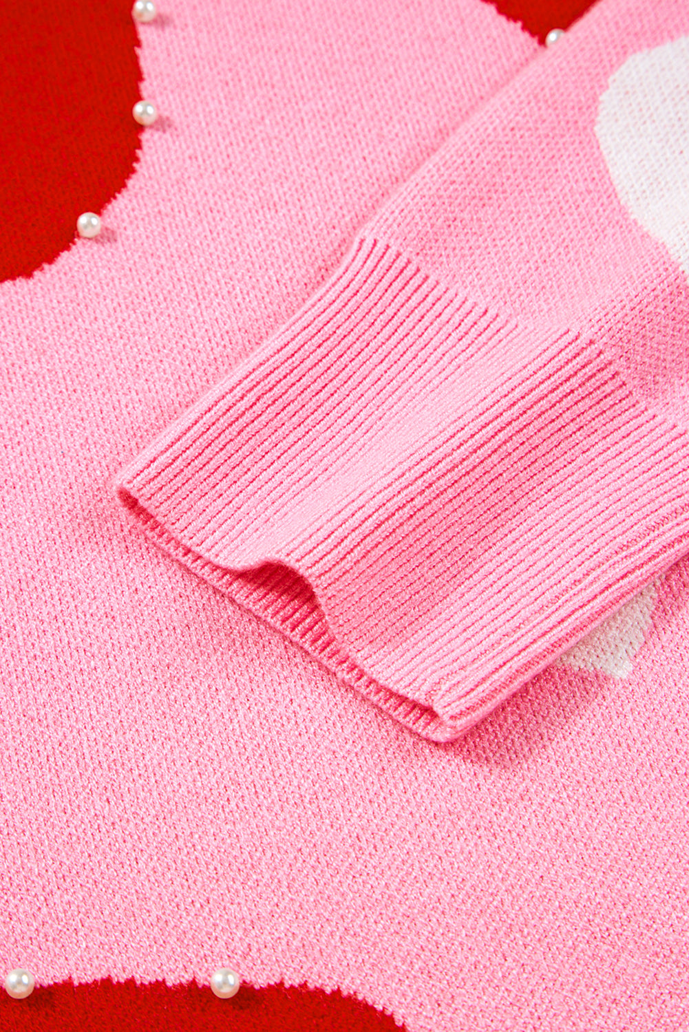 Pearl Embellished Heart Pattern Valentine's Day Sweater