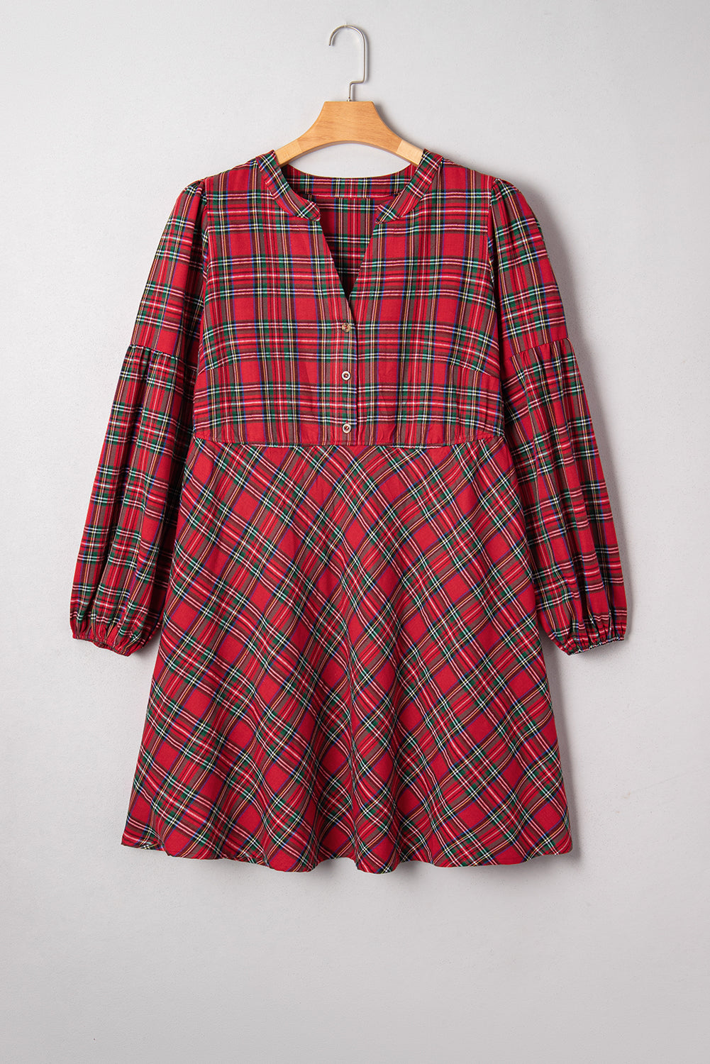 Red Plaid Half Button Long Sleeve Holiday Dress - Plus Size