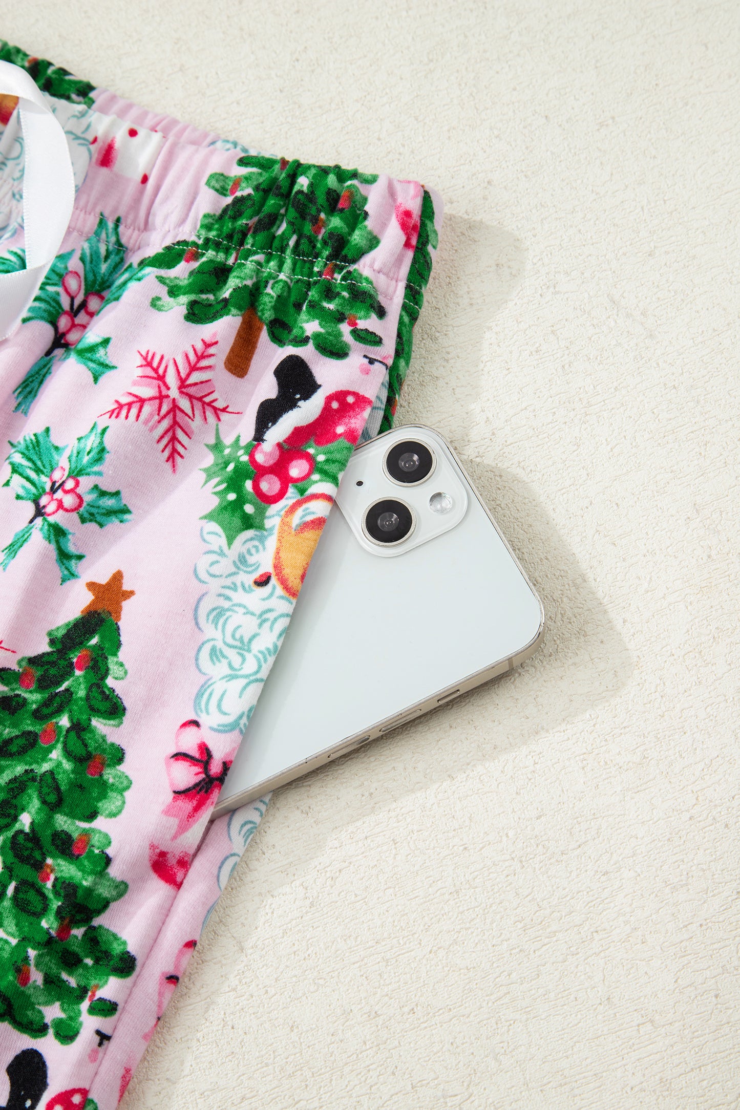 Pink Christmas Pattern Button V Neck Pullover and Drawstring Pants Lounge Set