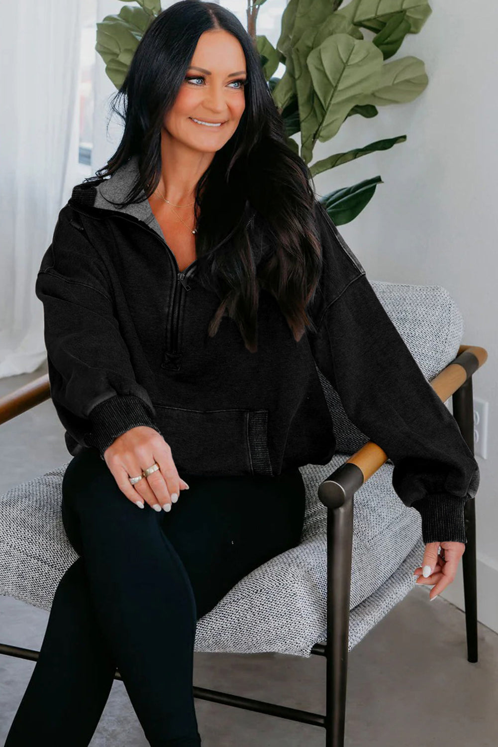 Half Zip Kangaroo Pocket Mineral Wash Baggy Hoodie