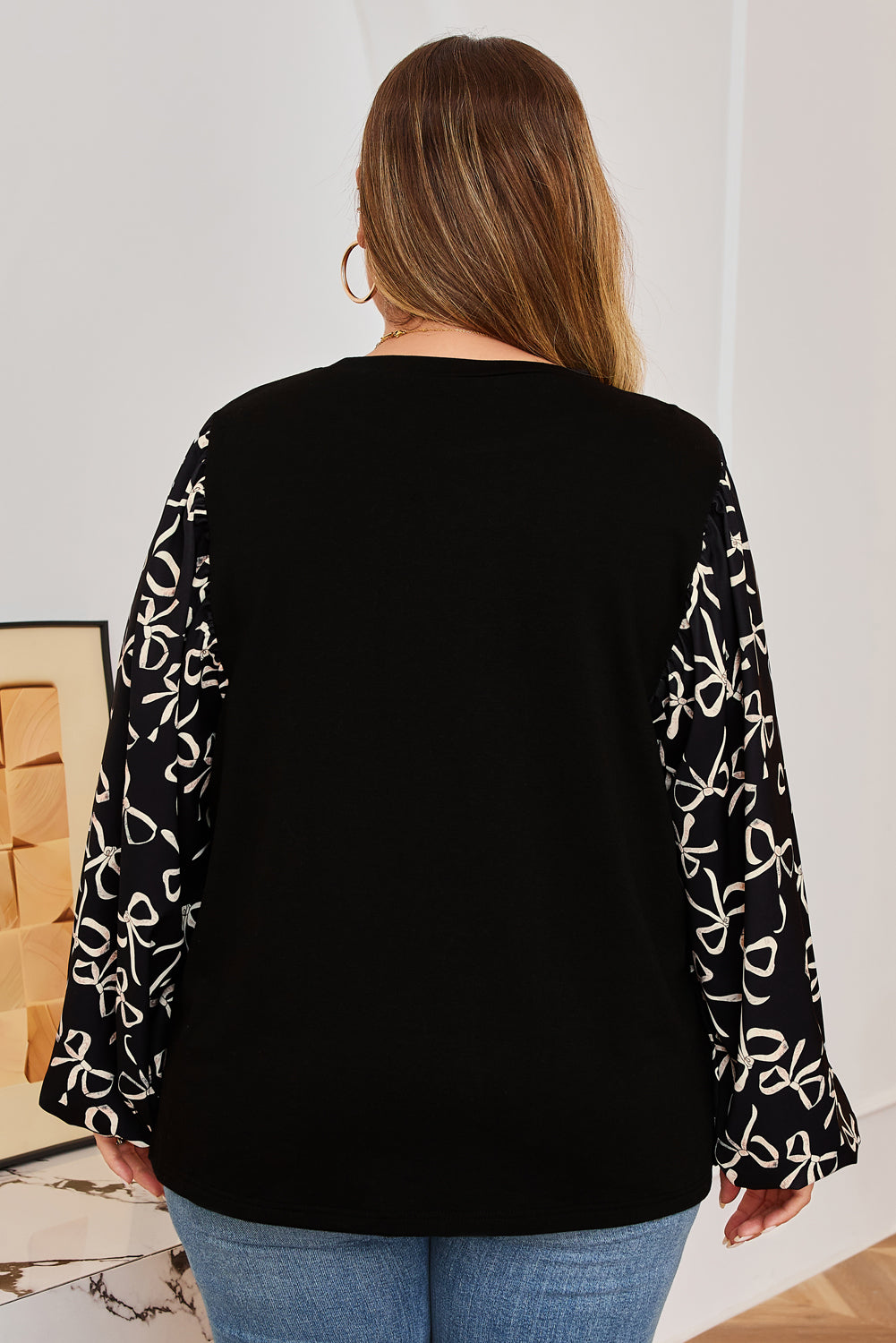 Plus Size Bow Knot Patchwork Crewneck Blouse