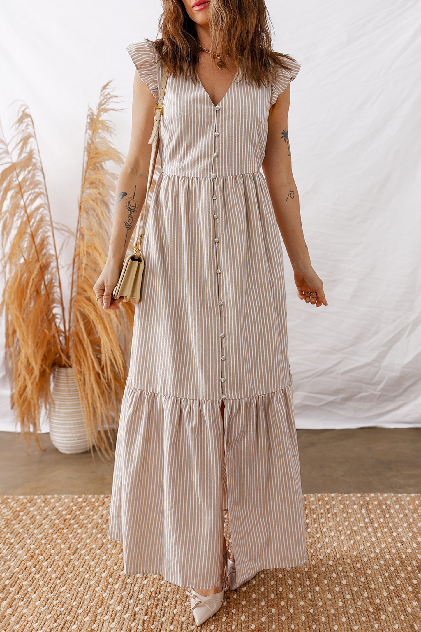 Striped Flutter Sleeve Button Front Maxi Dress