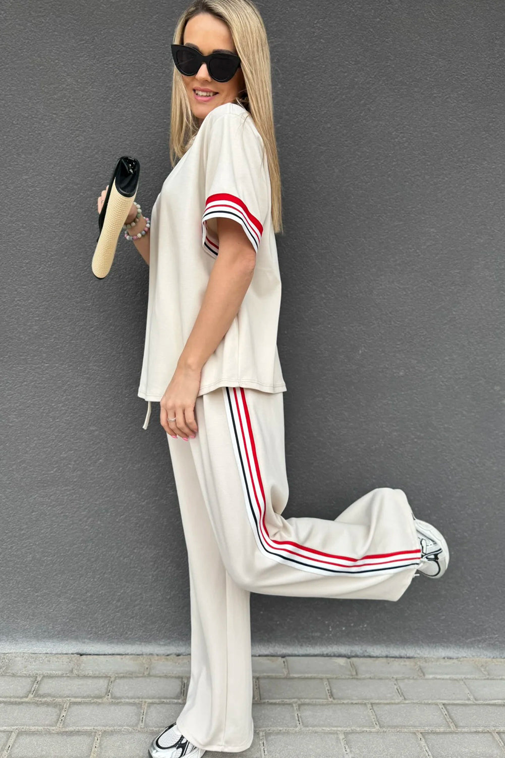 Contrast Striped Trim Crewneck T Shirt Loose Straight Pants Set