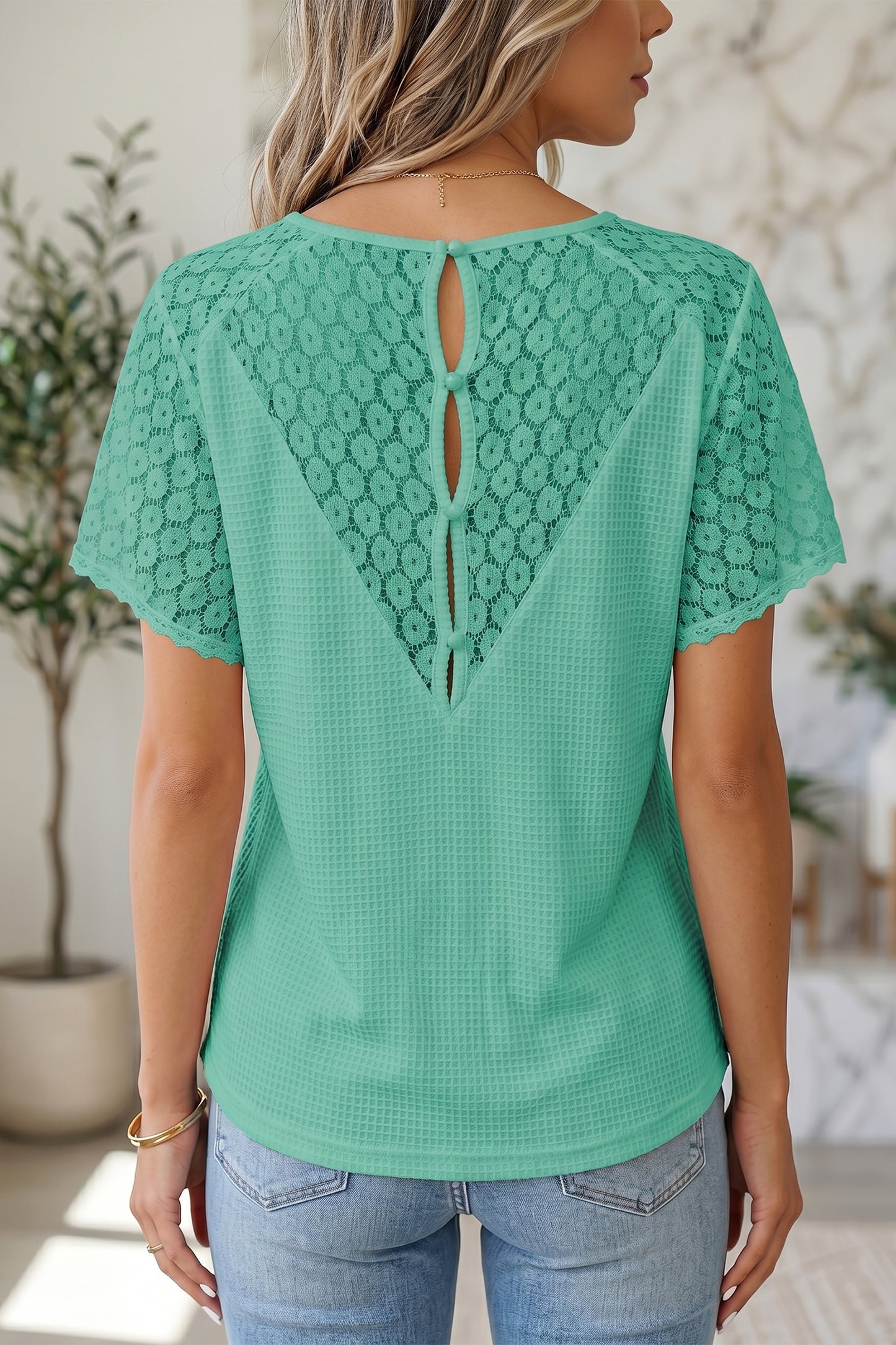 Lace Trim Button Cutout V-Neck Waffle Knit Blouse