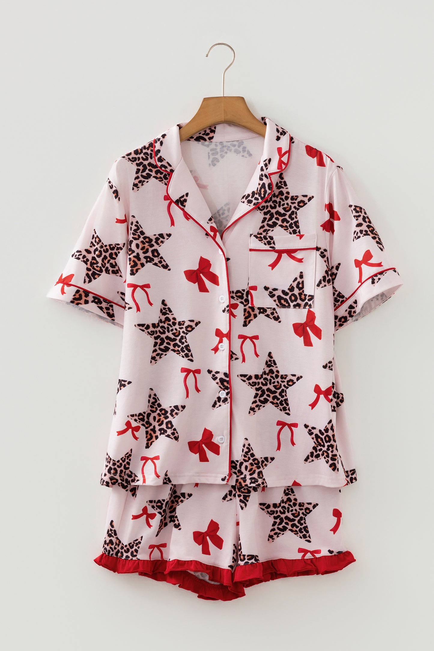Leopard Star Ribbon Bow Print Short Pajama Set