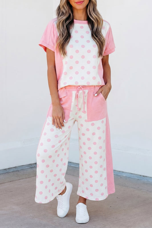 Colour Block Polka Dot Wide Leg Pant Set