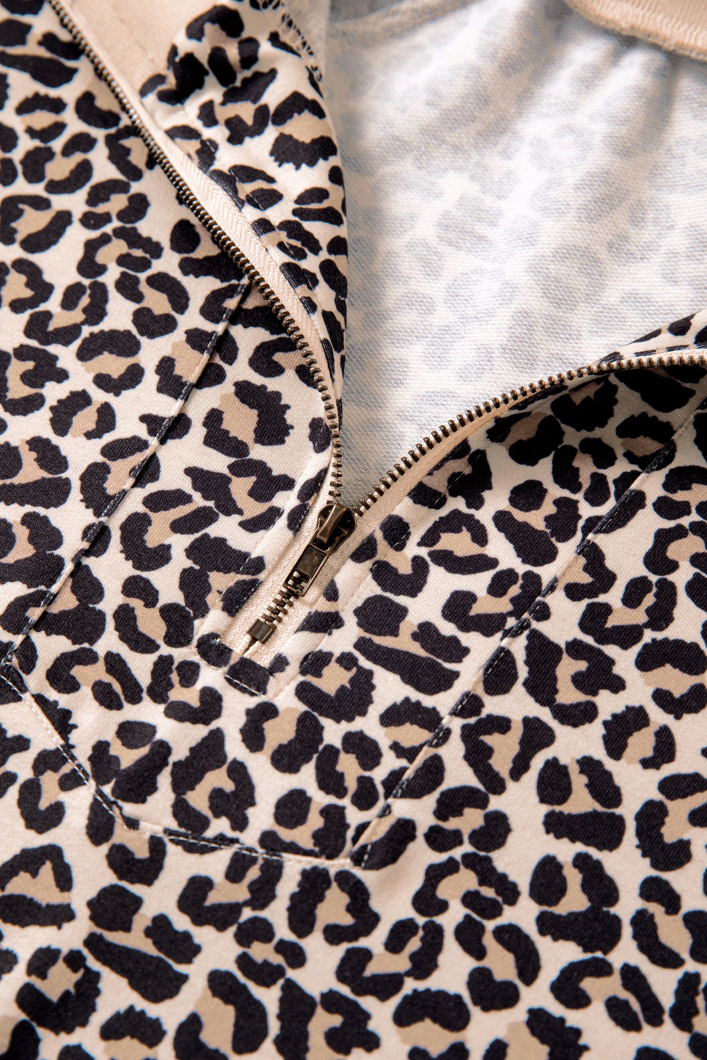 Brown Leopard Print Half Zip Striped Trim Short Sleeve Top