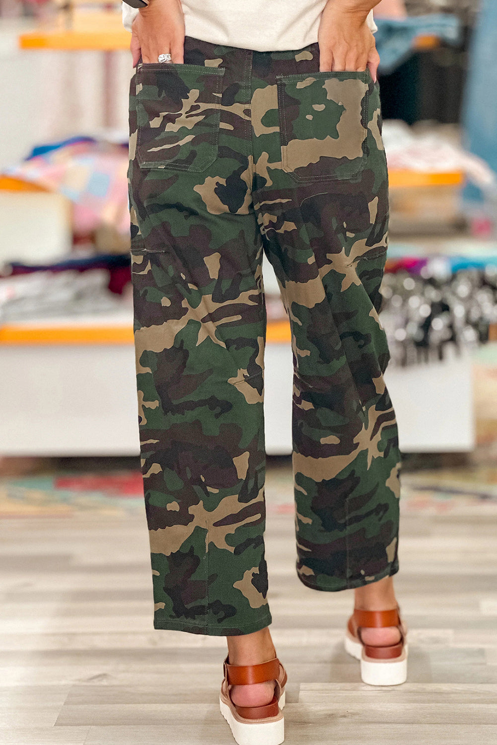 Camouflage Print Drawstring Patch Pocket Barrel Jeans