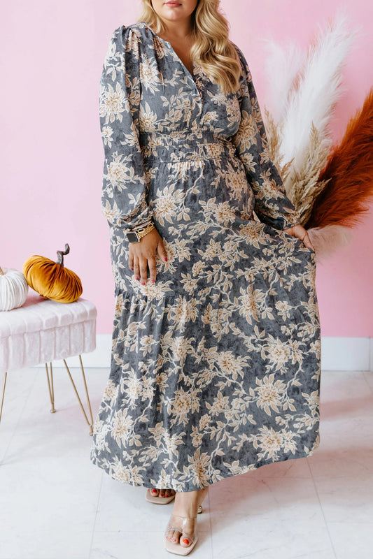 Floral Print Split Neck Shirred Waist Long Sleeve Maxi Dress
