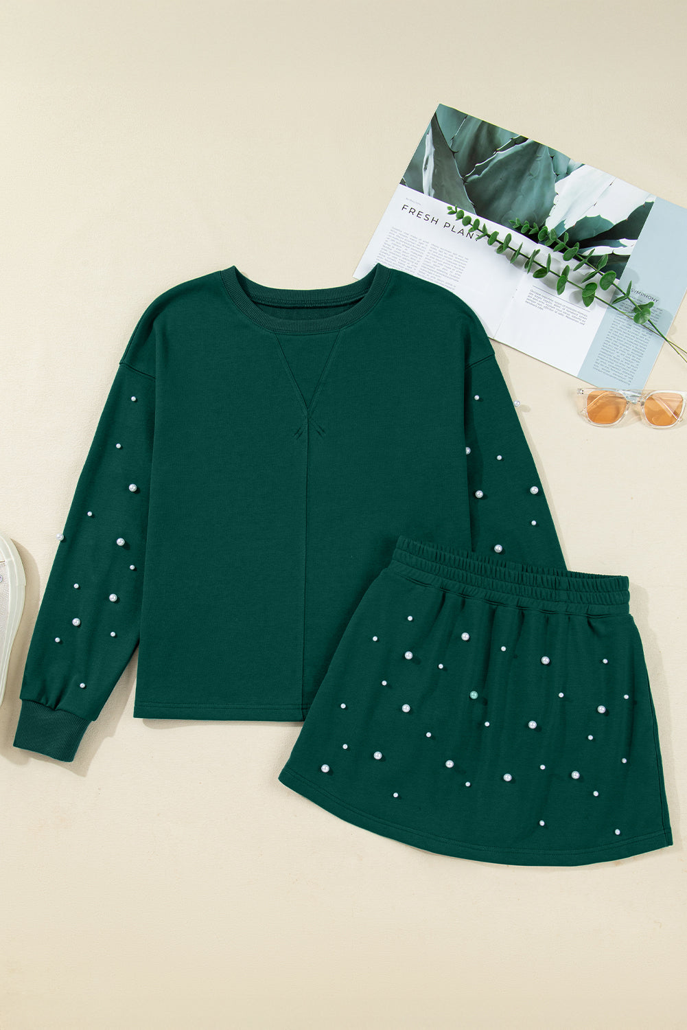 Pearl Embellished Drop Shoulder Pullover & Elastic Waist Mini Skirt Set
