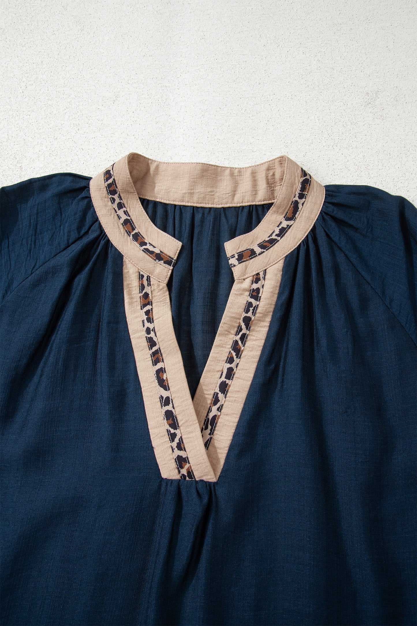 Contrast Leopard Patchwork Collar Plus Size Long Flounce Sleeve Blouse