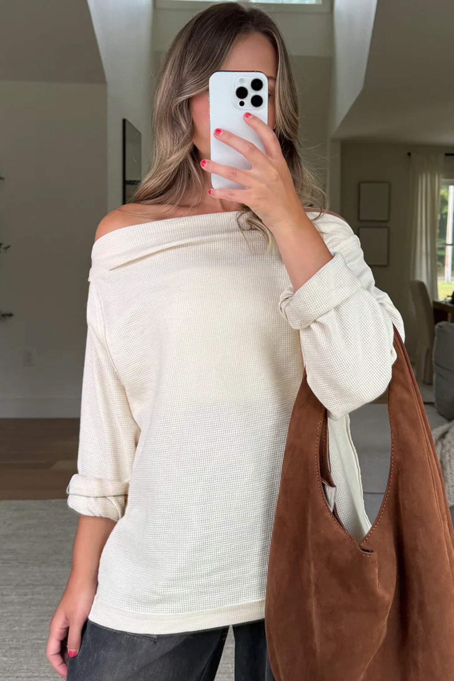 Solid Color Waffle Knit Asymmetric Neck Long Sleeve Top
