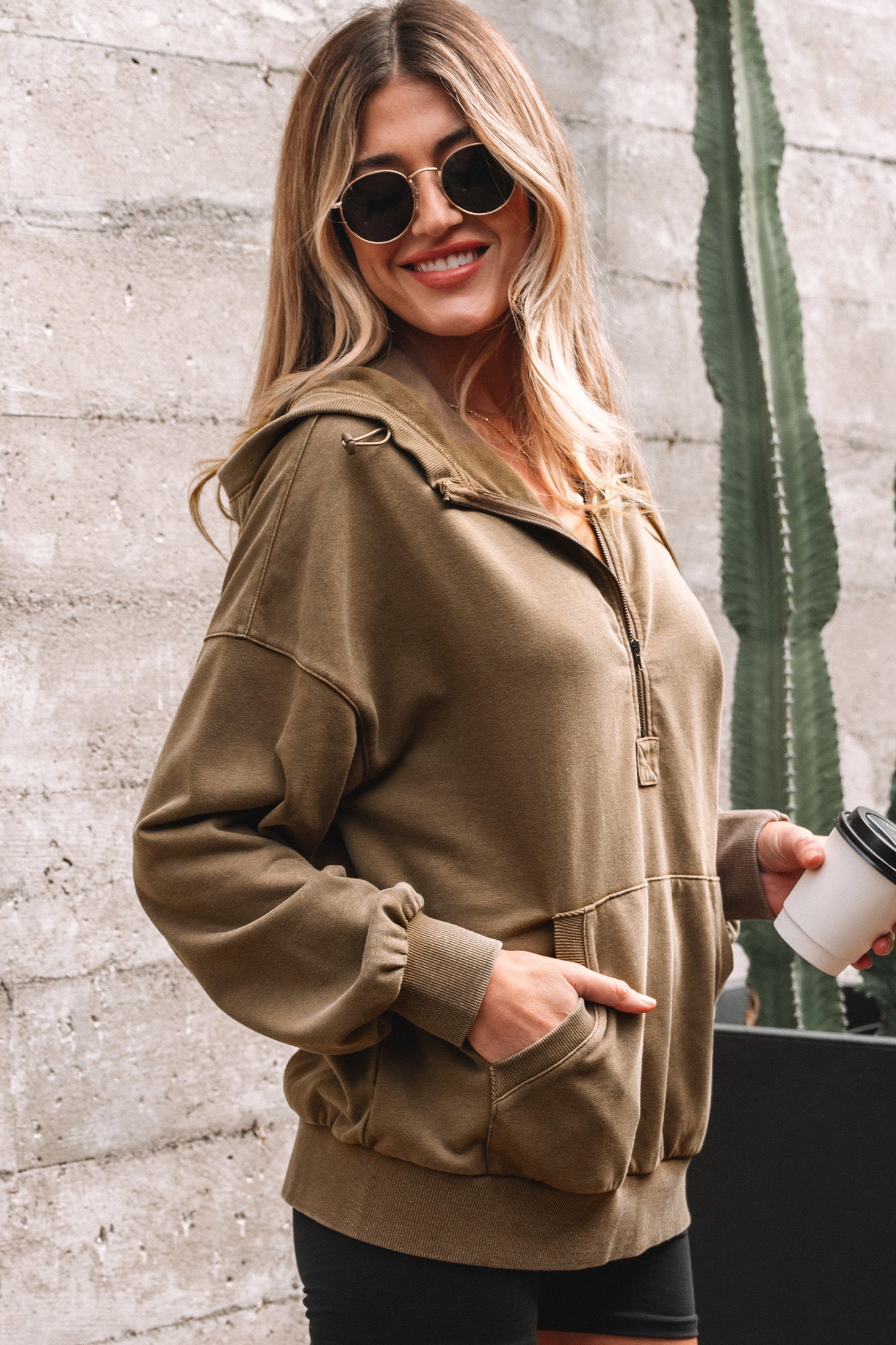 Half Zip Kangaroo Pocket Mineral Wash Baggy Hoodie