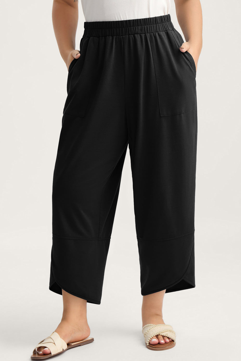 Plus Size Elastic Waist Asymmetrical Hem Loose Capris Pants