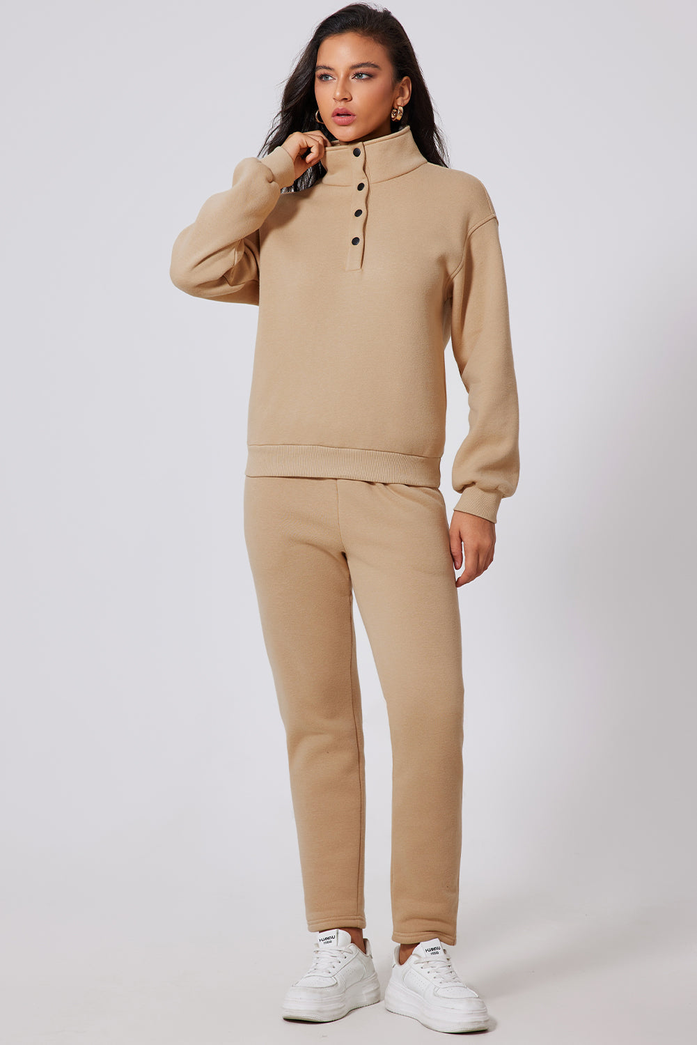 Solid Half Button Sweatshirt and High Waist Sweatpants Set