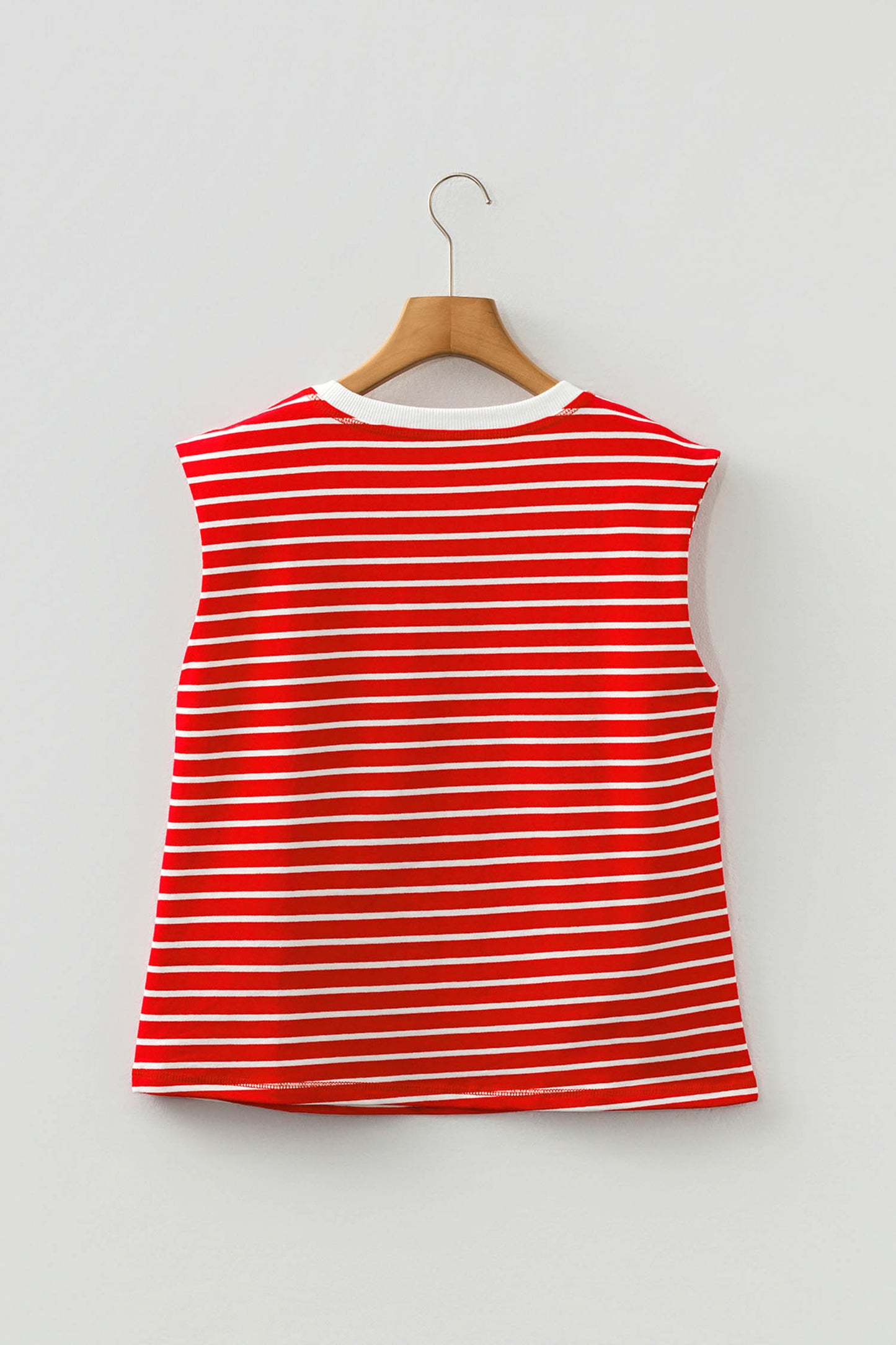 Stripe Ribbed Round Neck Trim Loose Tank Top - Red