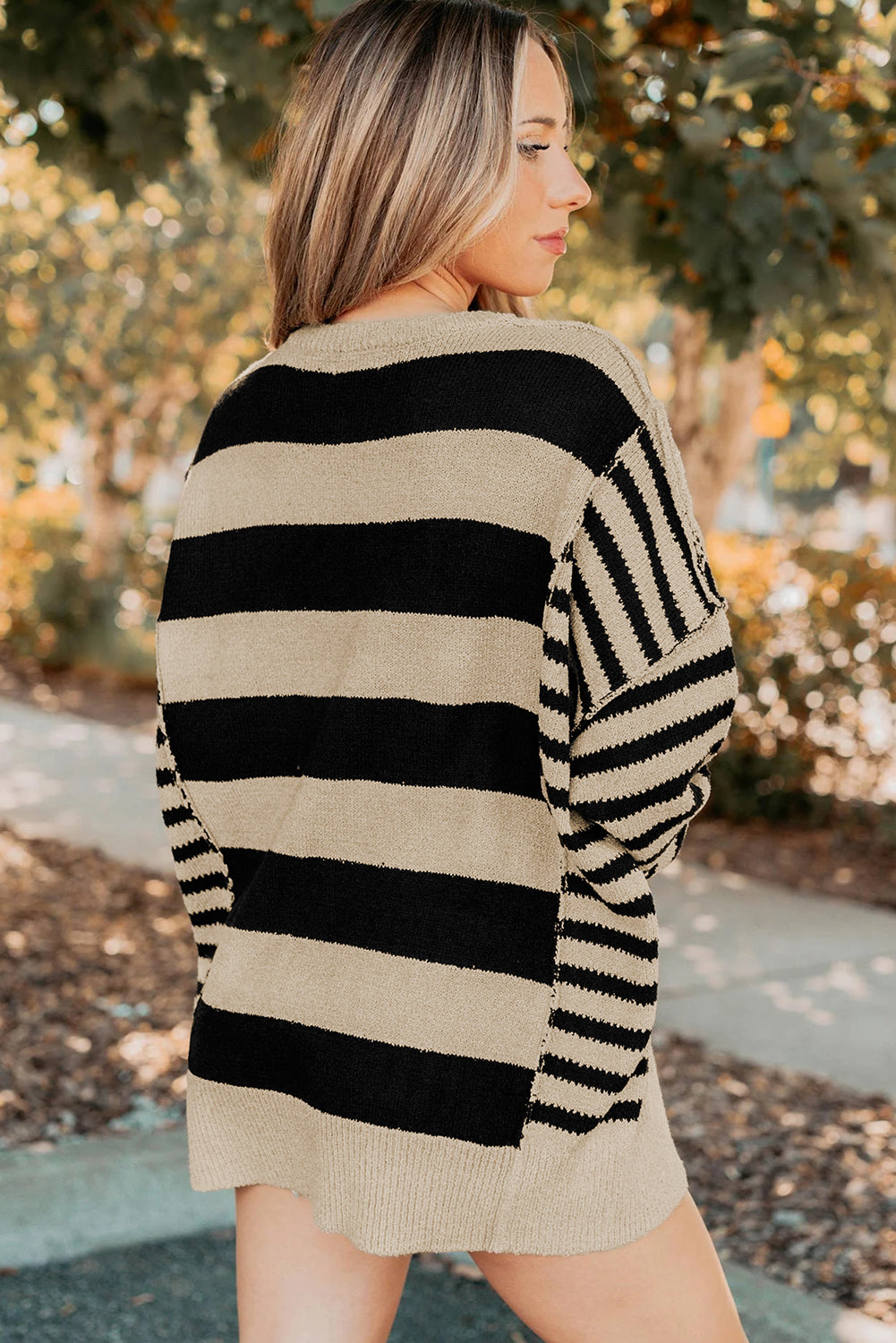 Brown Stripe Drop Shoulder Patchwork Baggy Sweater