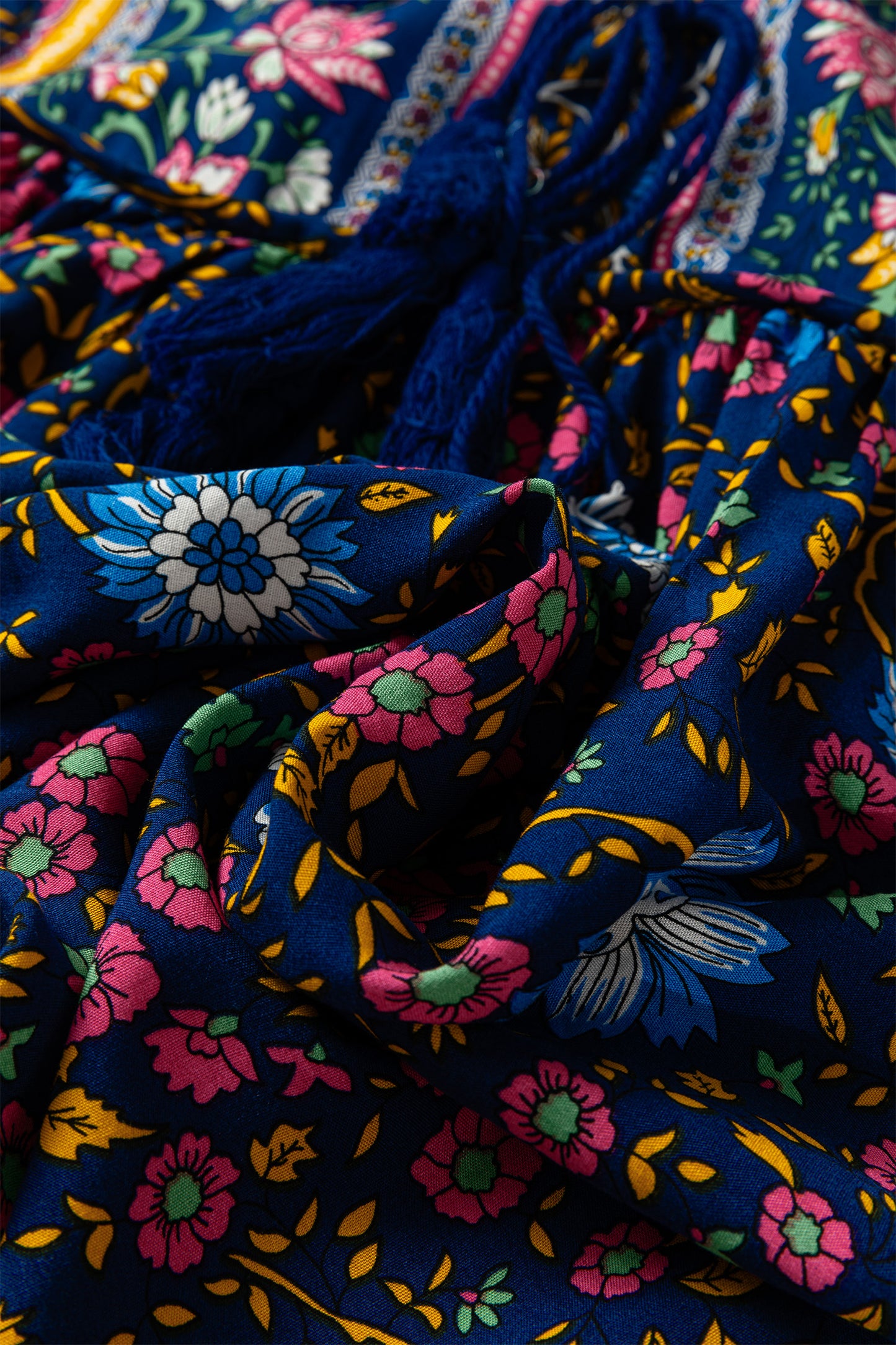 Floral Print Tassel Tie Front Long Sleeve Blouse