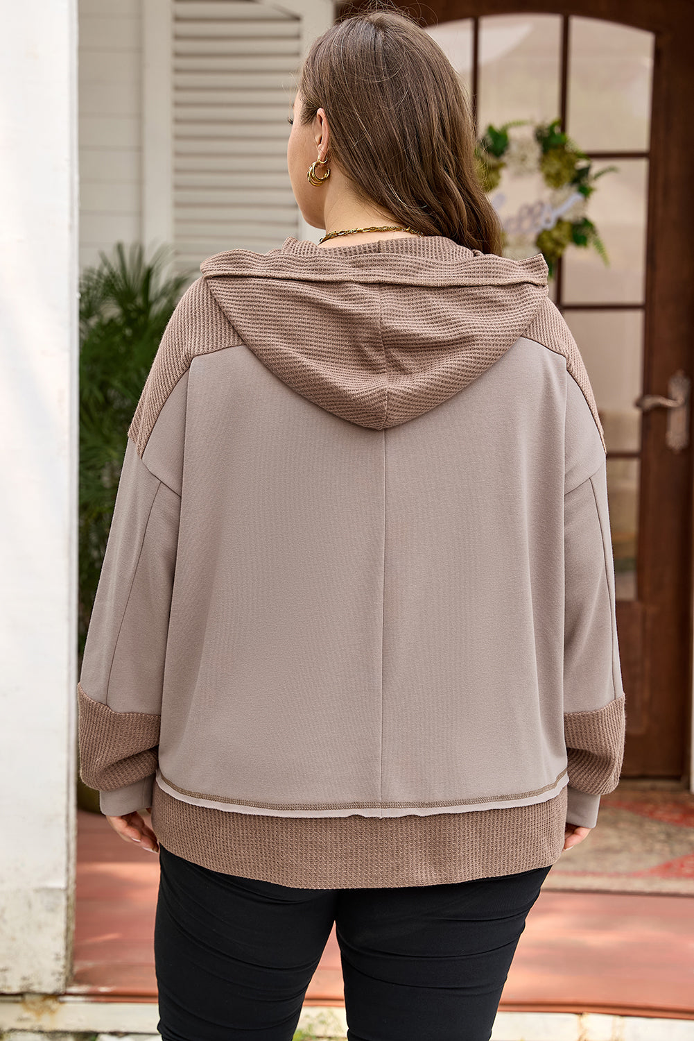 Waffle Contrast Patchwork Plus Size Pocketed Hoodie