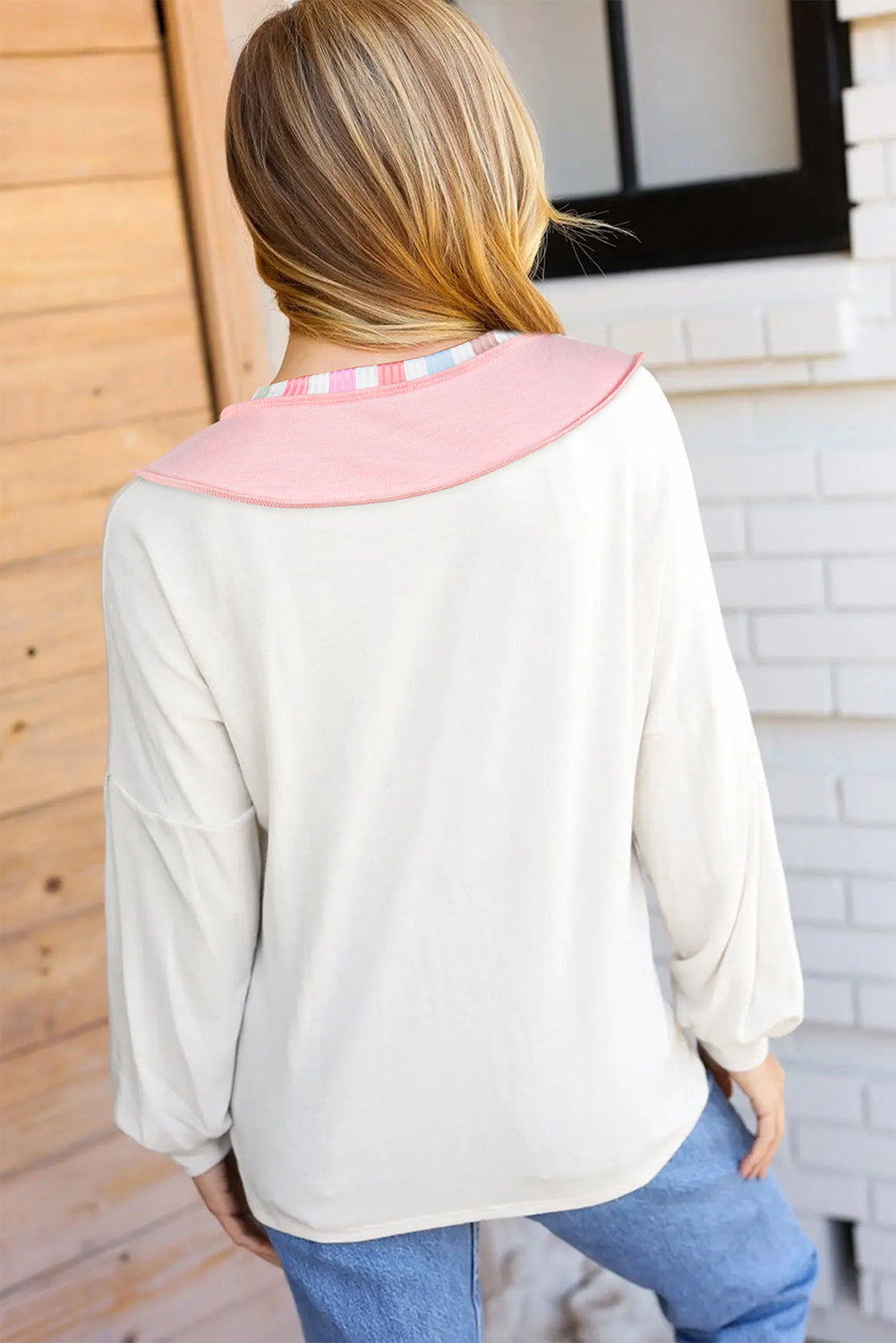 Exposed Seam Rainbow Stripe Color Block V Neck Loose Long Sleeve Top