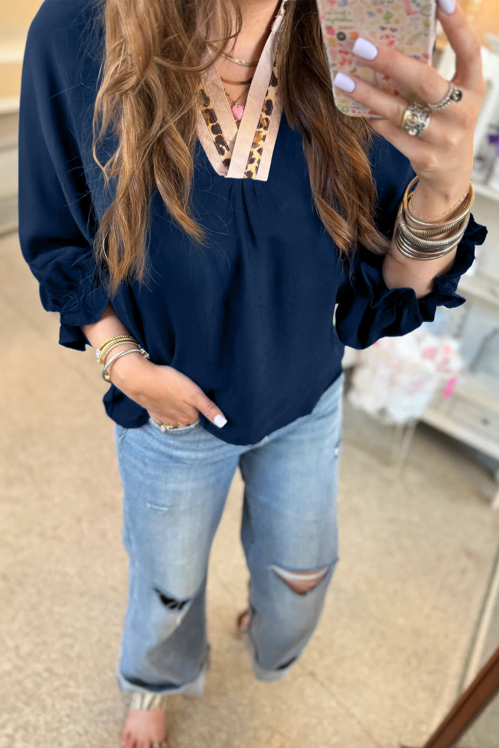Leopard Trim V Neck Flounced Bracelet Sleeve Blouse - Dirty Blue