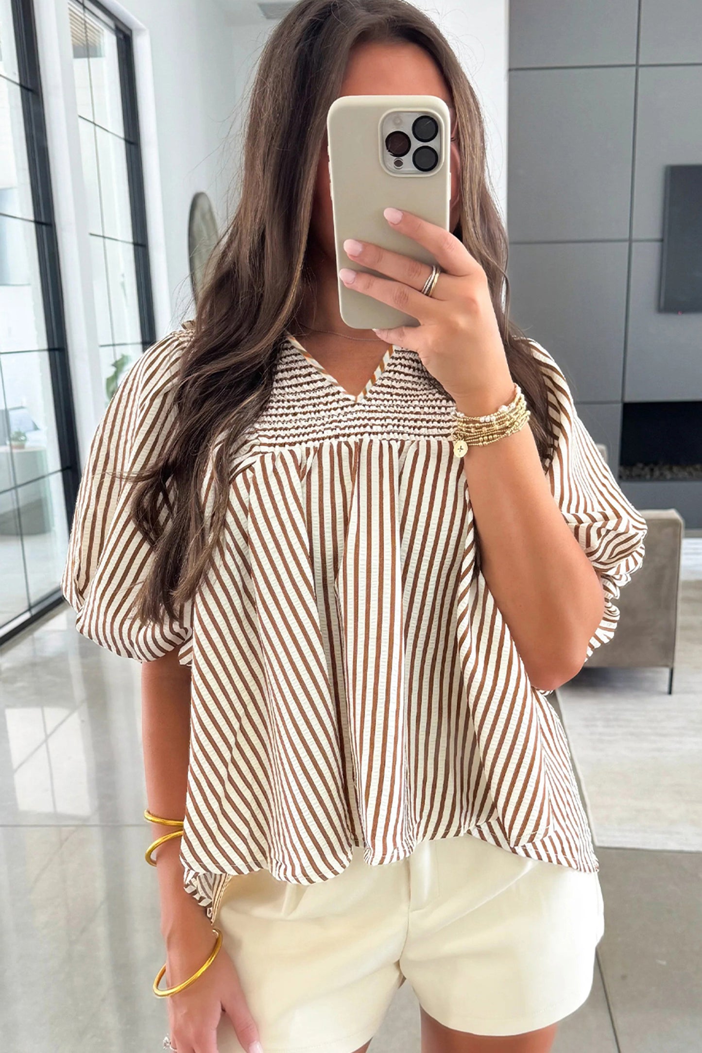 Stripe Shirred V Neck Short Puff Sleeve Blouse