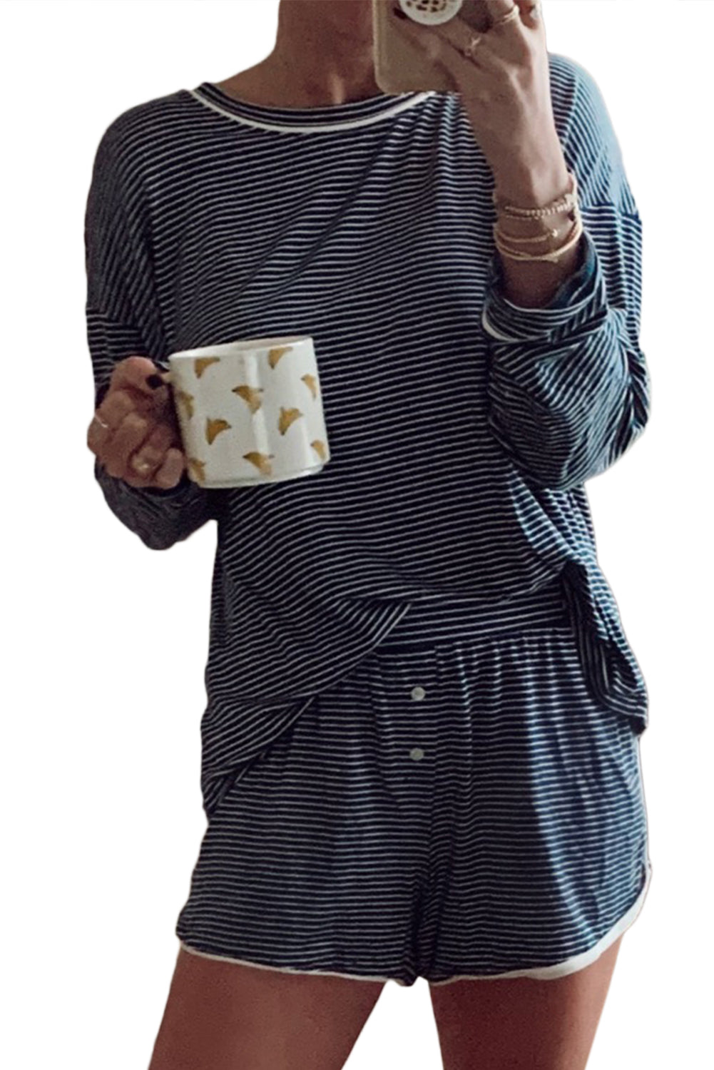 Stripe Drop Shoulder Tee and Buttoned Shorts Lounge Set - Blue