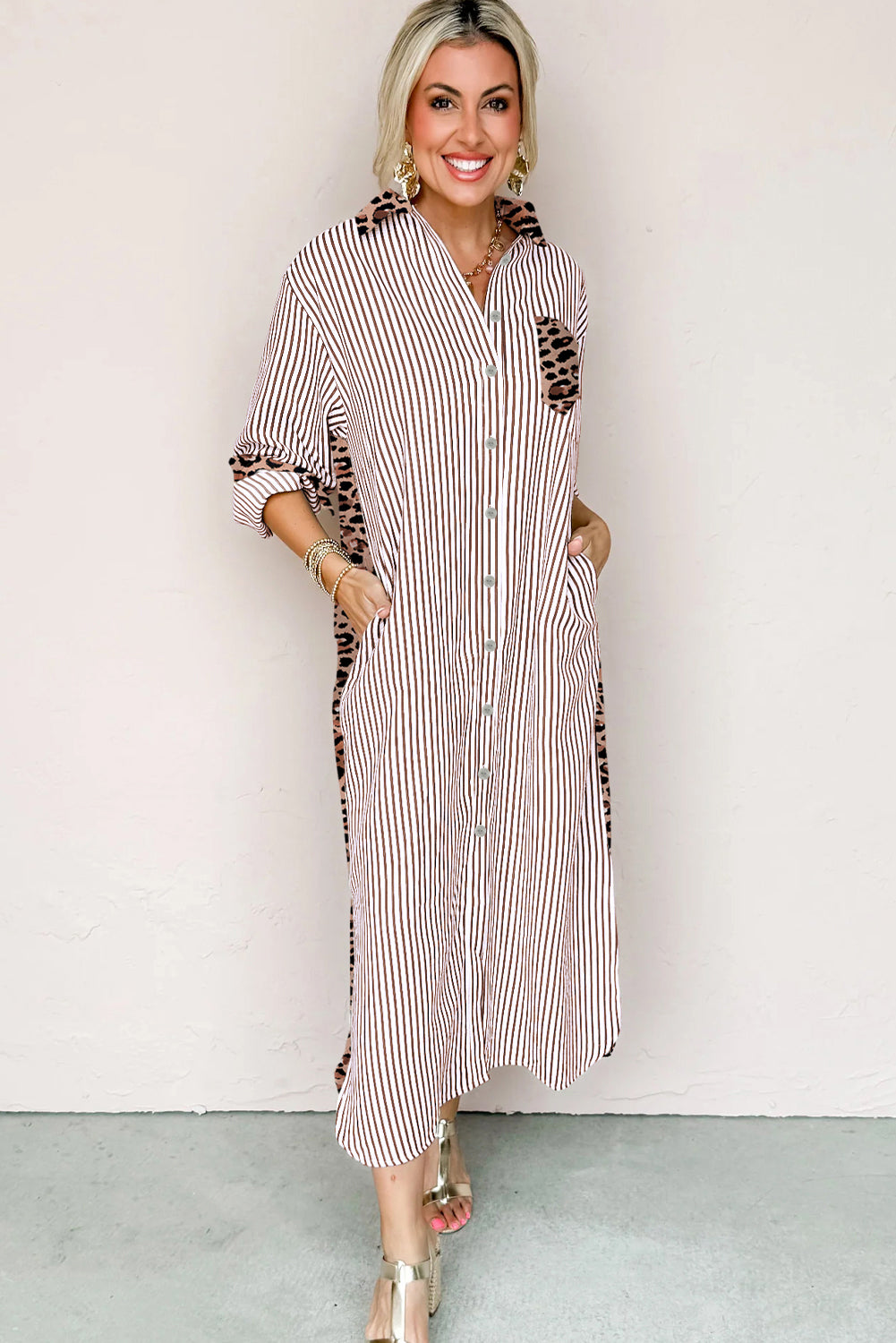 Stripe Contrast Leopard Patchwork Long Shirt Dress with Slits