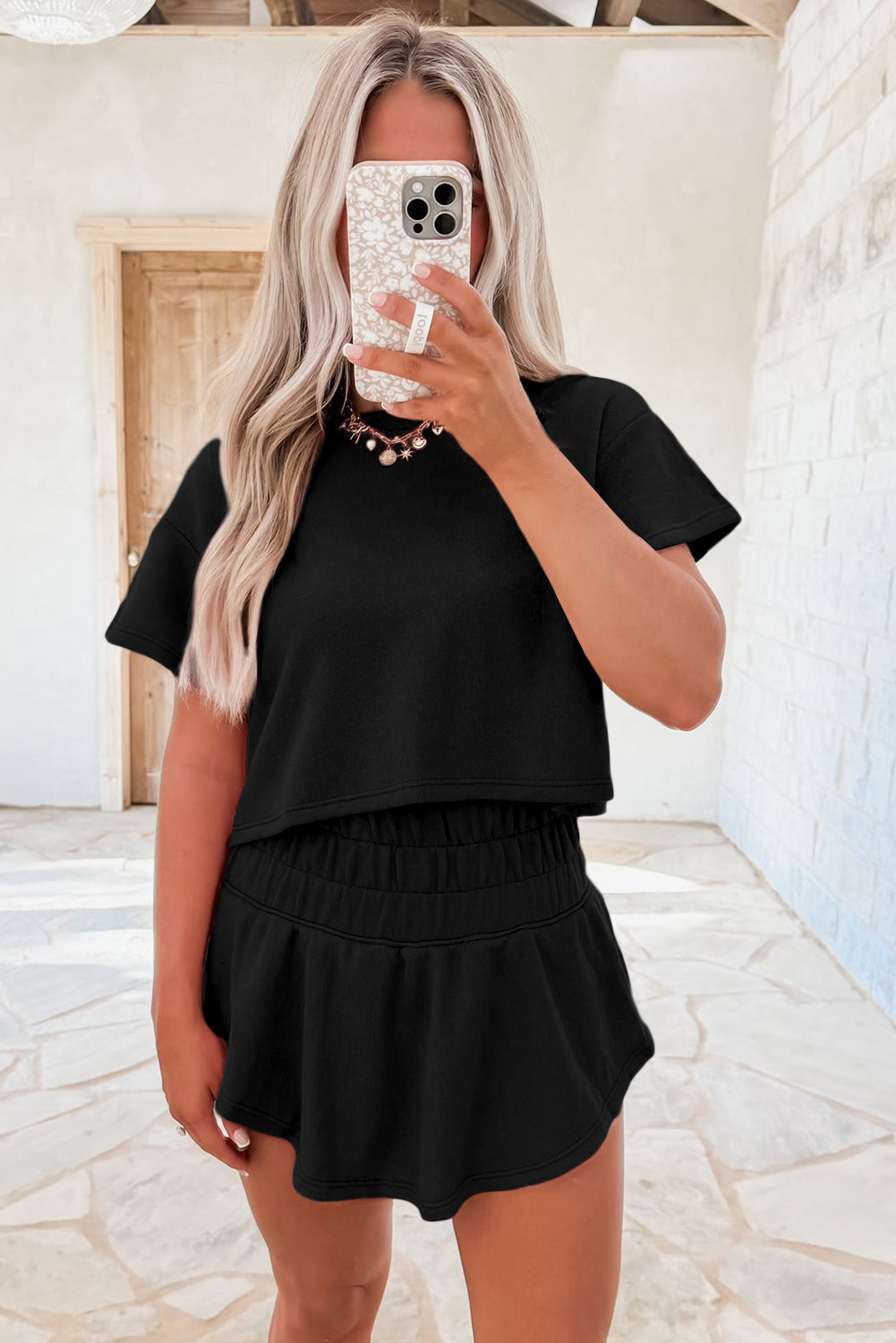 Black Cropped Tee and Ruffle High Waist Skort 2-Piece Set