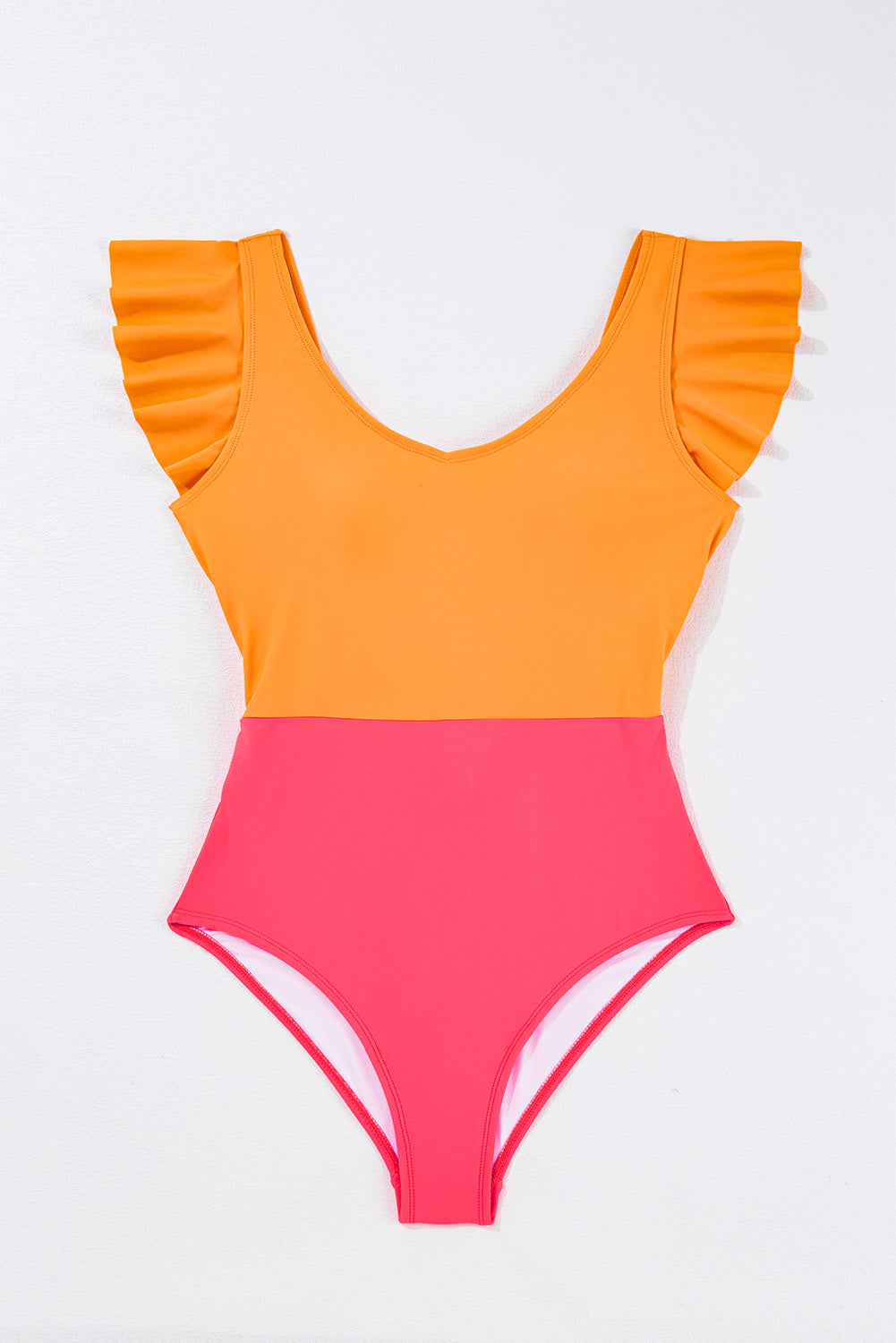 Color Block Ruffled Knotted Backless One Piece Swimsuit