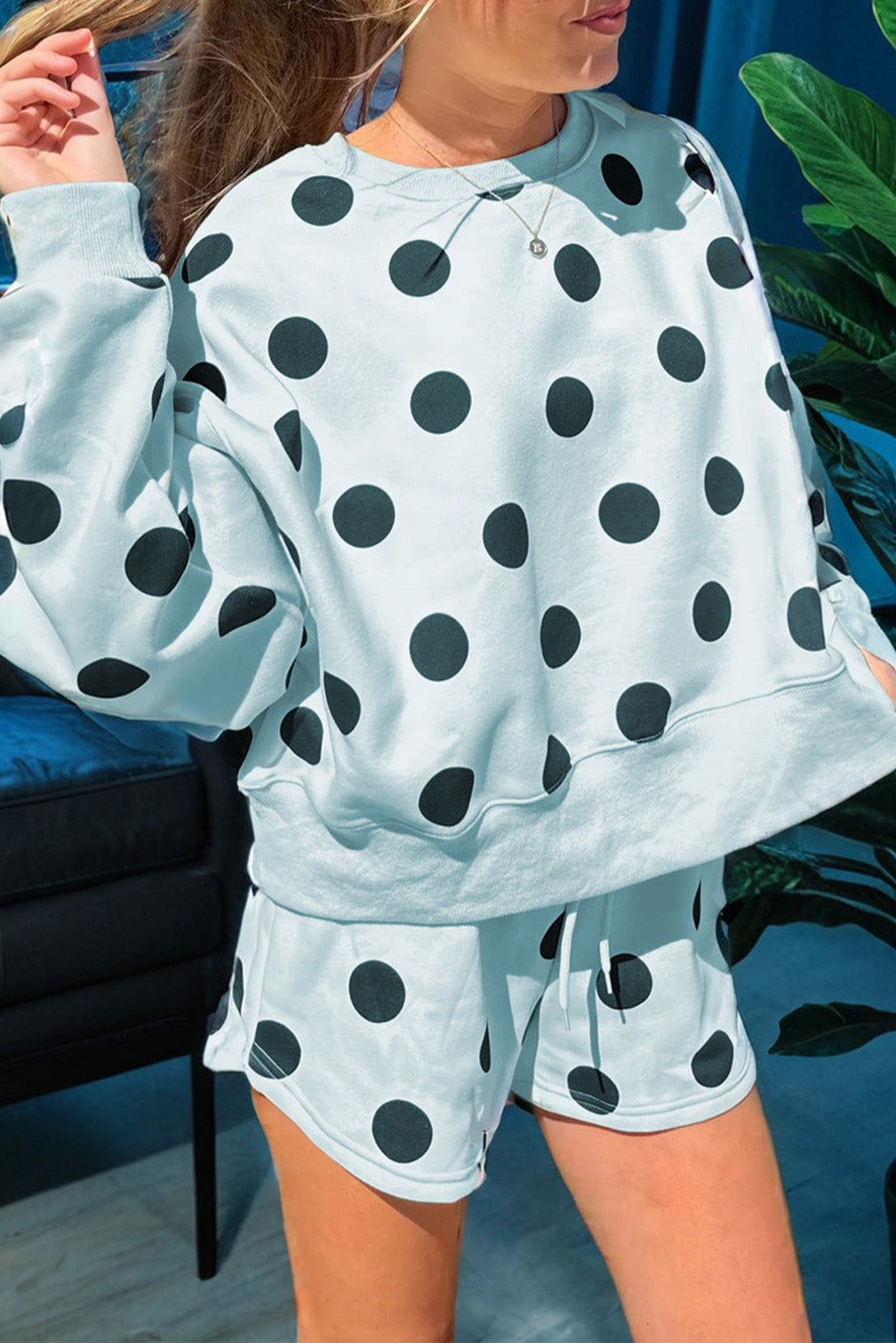 Polka Dot Print Drop Shoulder Pullover & Drawstring Shorts Set