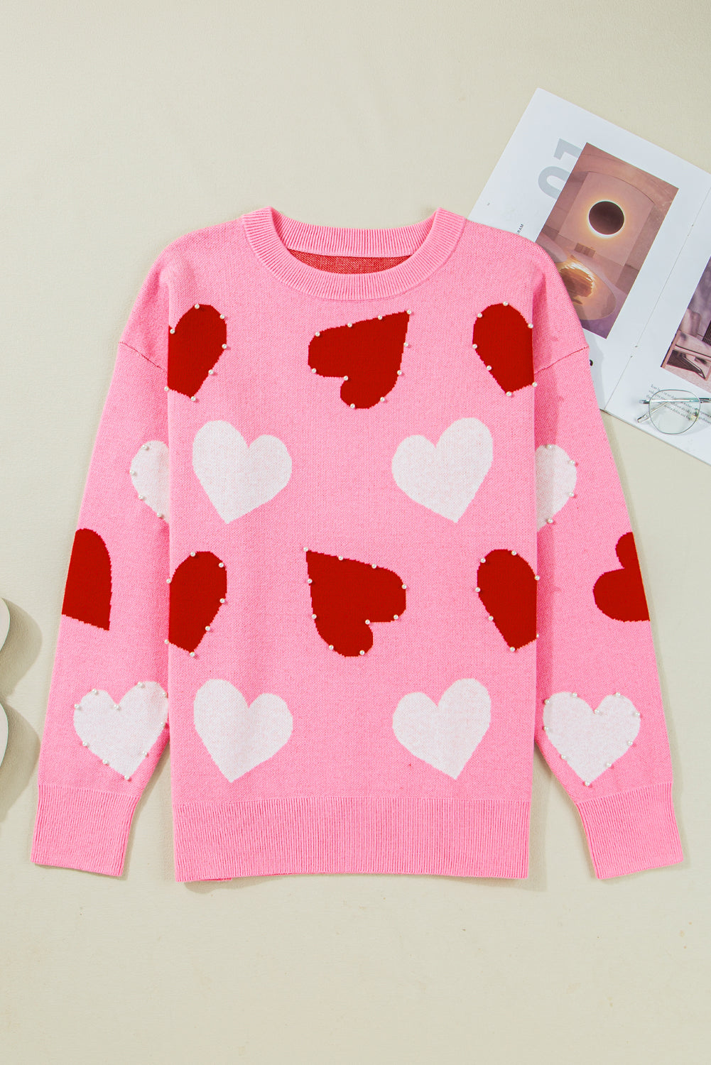 Pearl Embellished Heart Pattern Valentine's Day Sweater