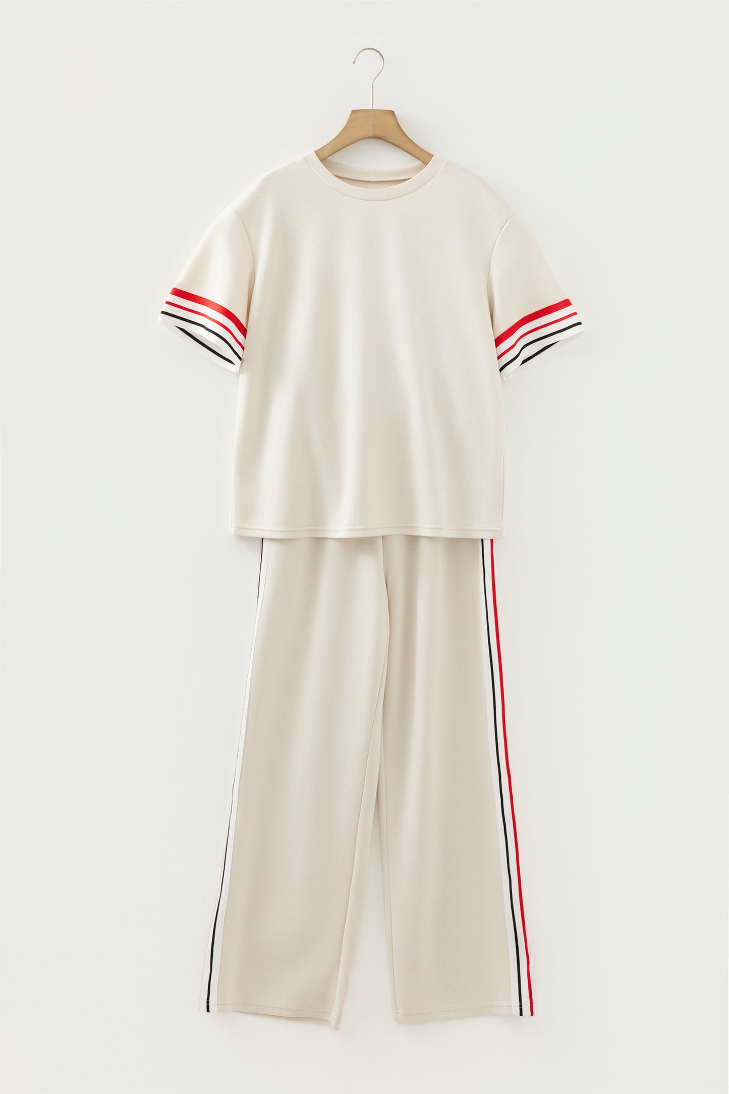 Contrast Striped Trim Crewneck T Shirt Loose Straight Pants Set