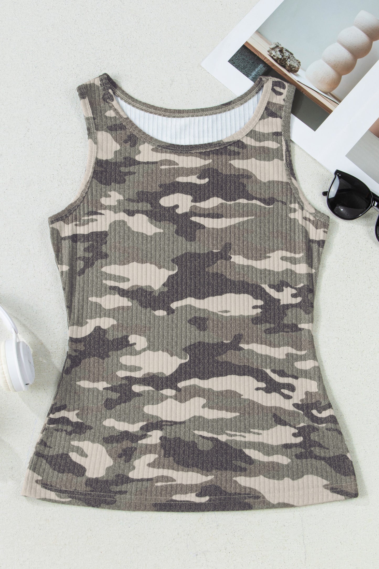 Green Camouflage Print Ribbed Knit Round Neck Tank Top