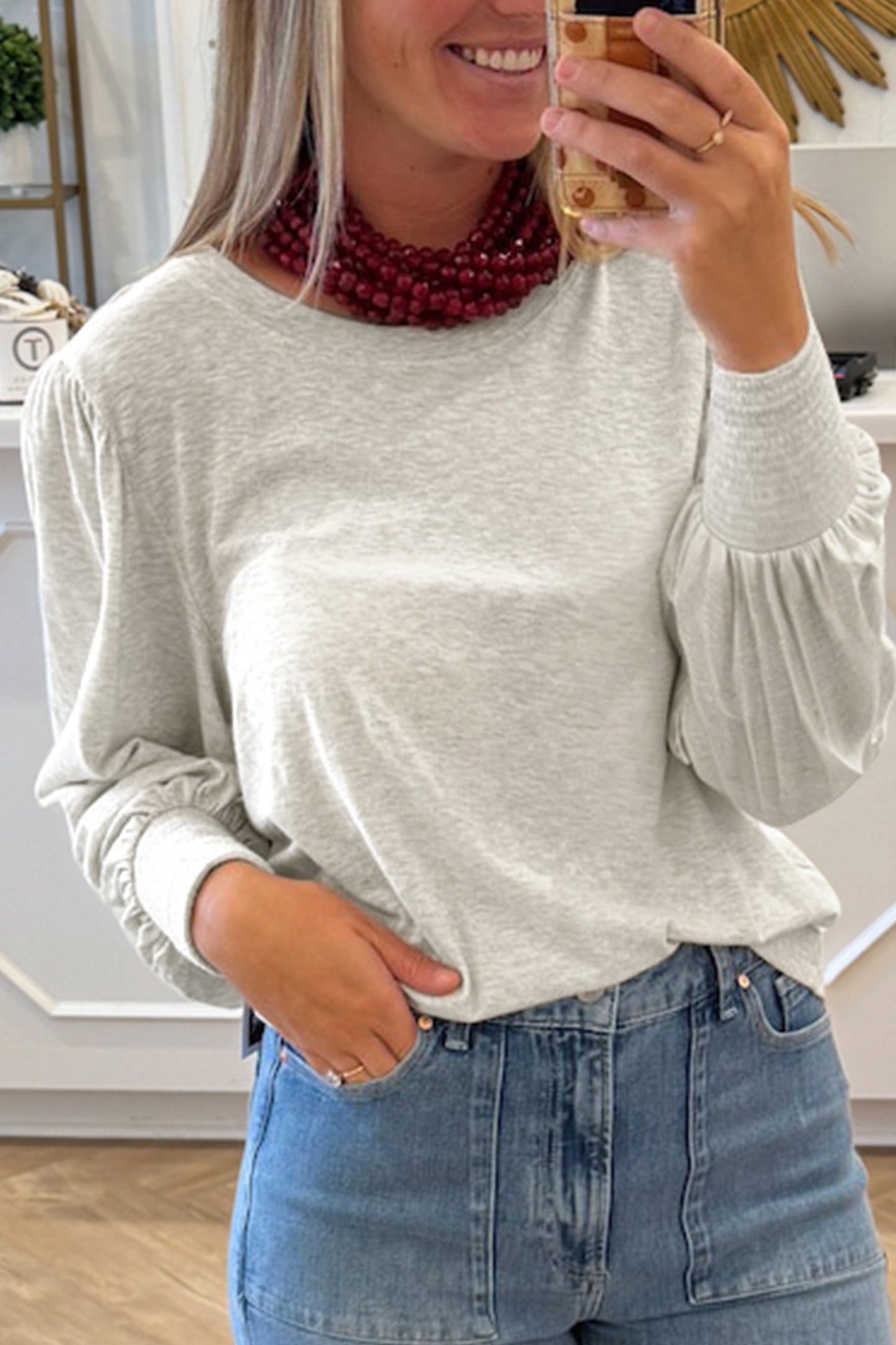 Shirred Cuffs Puff Sleeve Peasant Top - Oatmeal