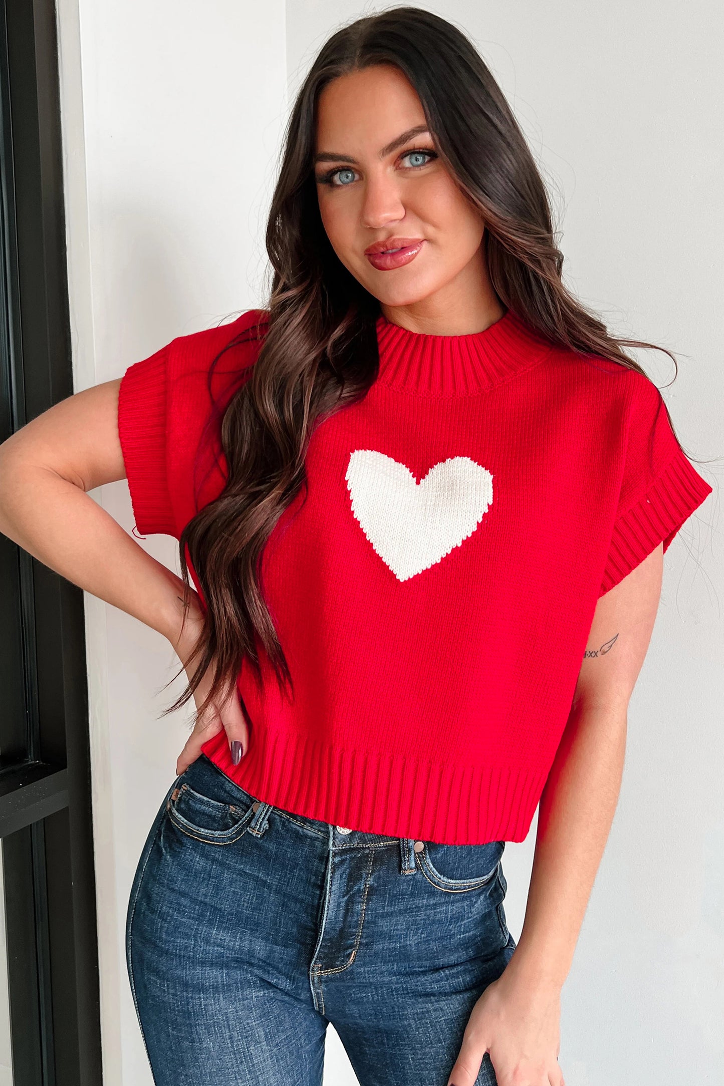 Valentine Heart Graphic Cropped Short Sleeve Sweater - Fiery Red