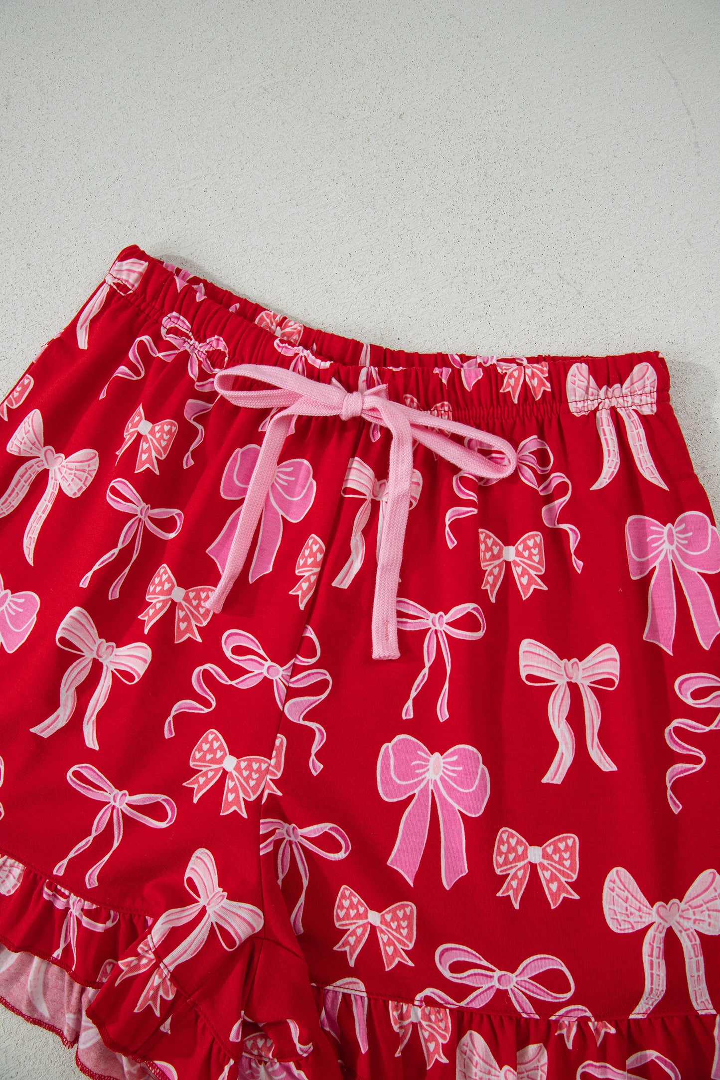 Red Sweet Bow Print Ruffled Short Sleeve Pajama Set