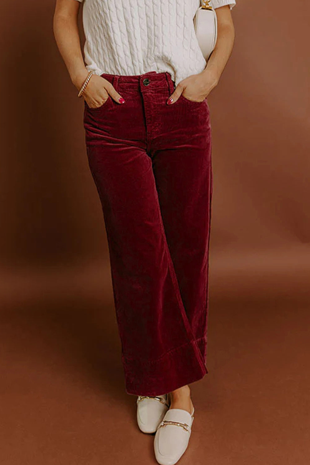 Burgundy Corduroy High Waist Wide Leg Pants